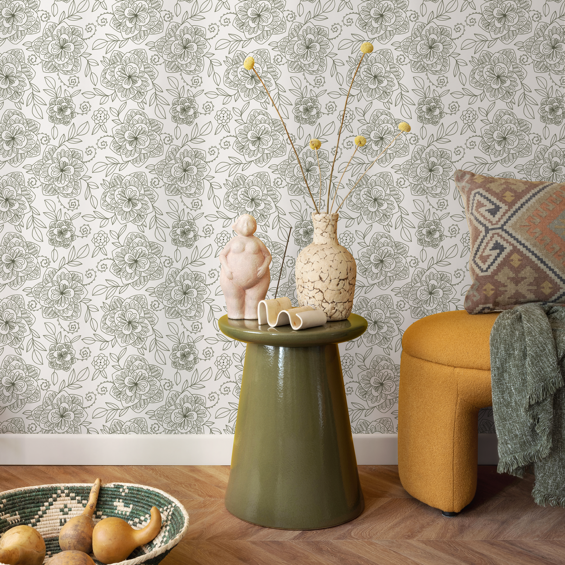 Boho Floral Wallpaper With Intricate Line Art In Sage Green - C961