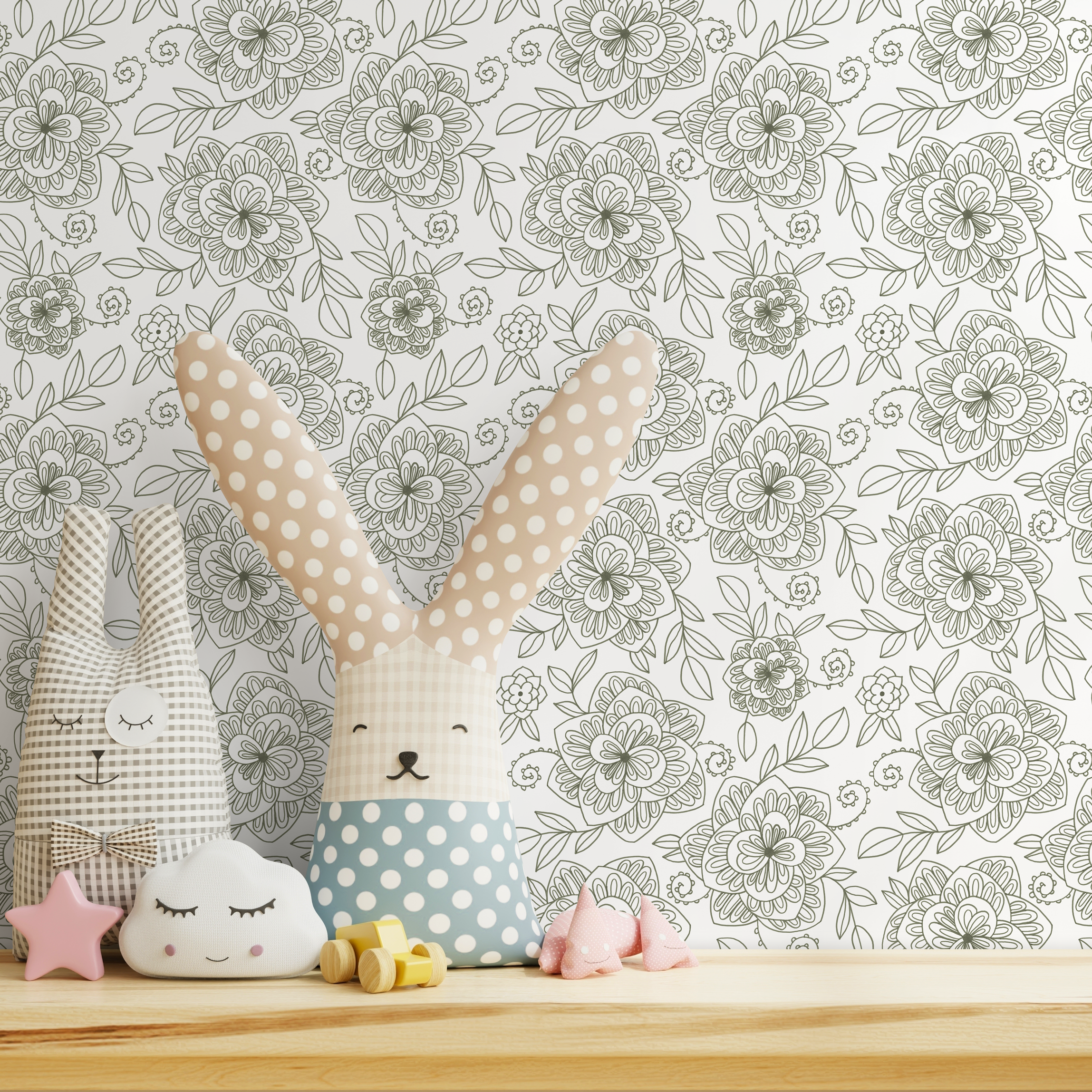 Boho Floral Wallpaper With Intricate Line Art In Sage Green - C961