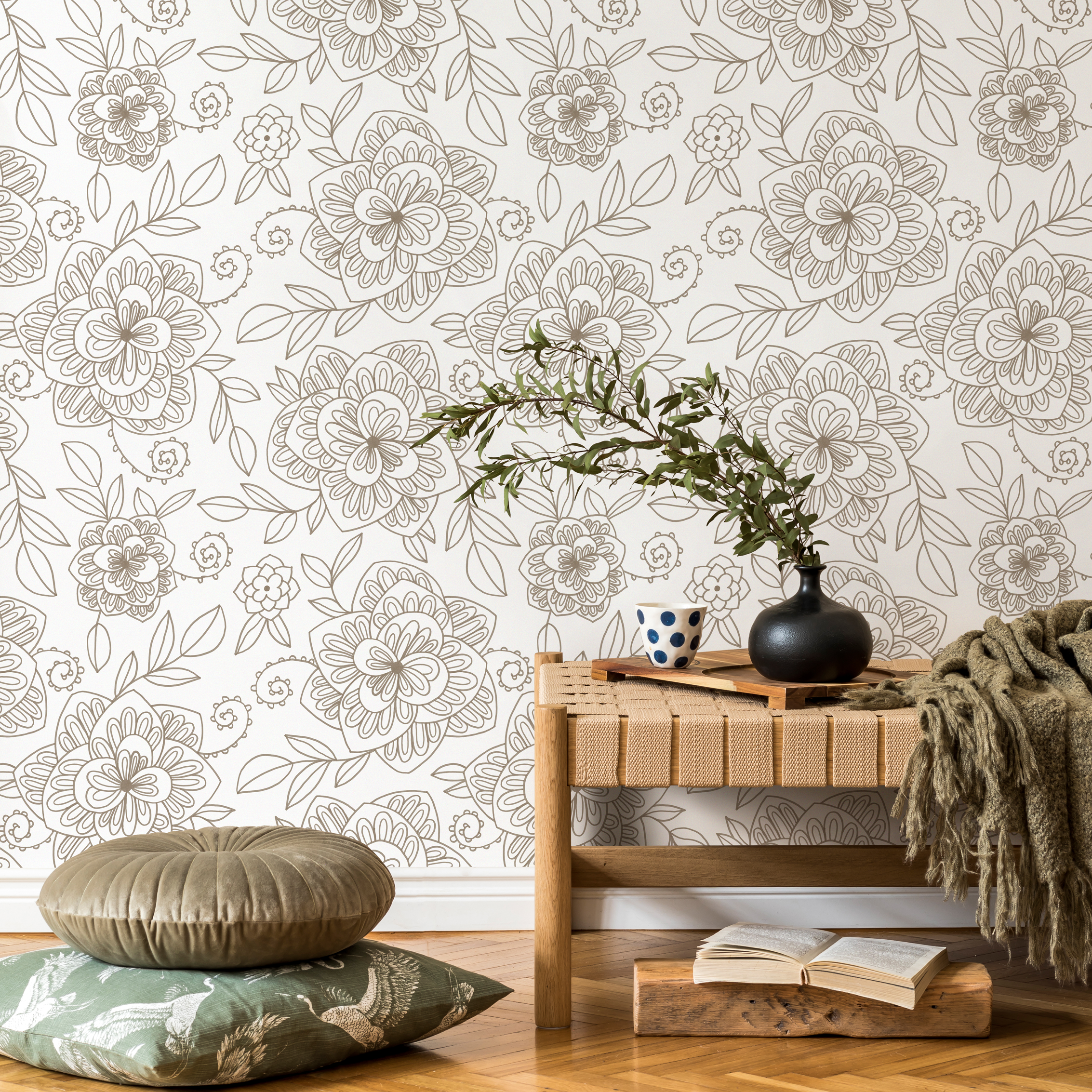 Boho Wallpaper With A Delicate Floral Line Art In Beige - C962