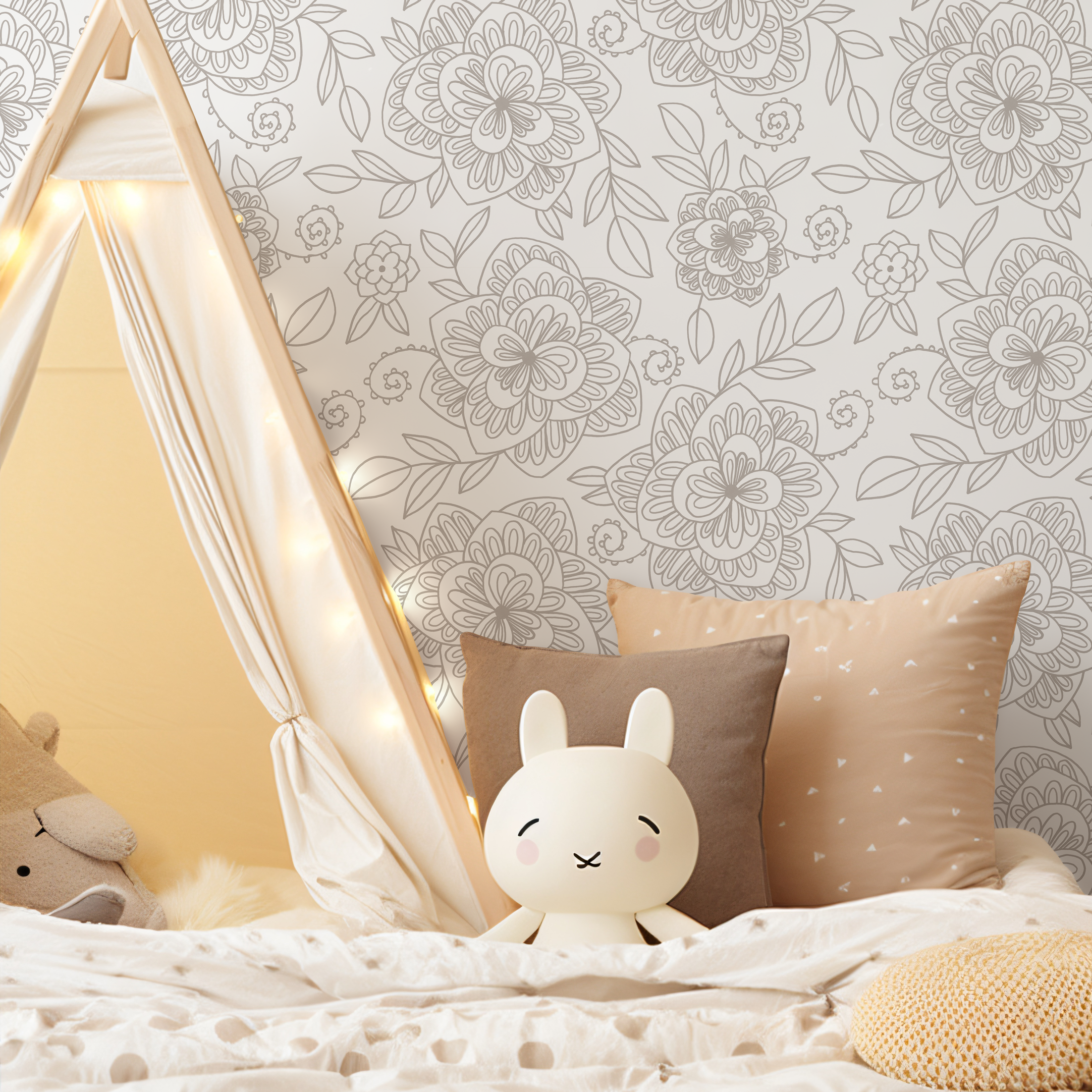 Floral Wallpaper Featuring Stylized Floral Linework In Taupe - C963