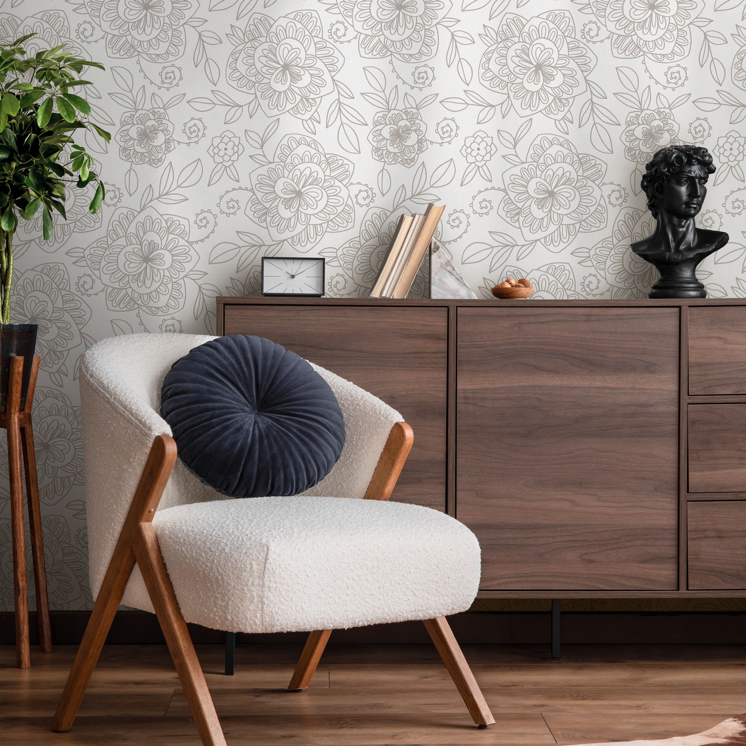 Floral Wallpaper Featuring Stylized Floral Linework In Taupe - C963