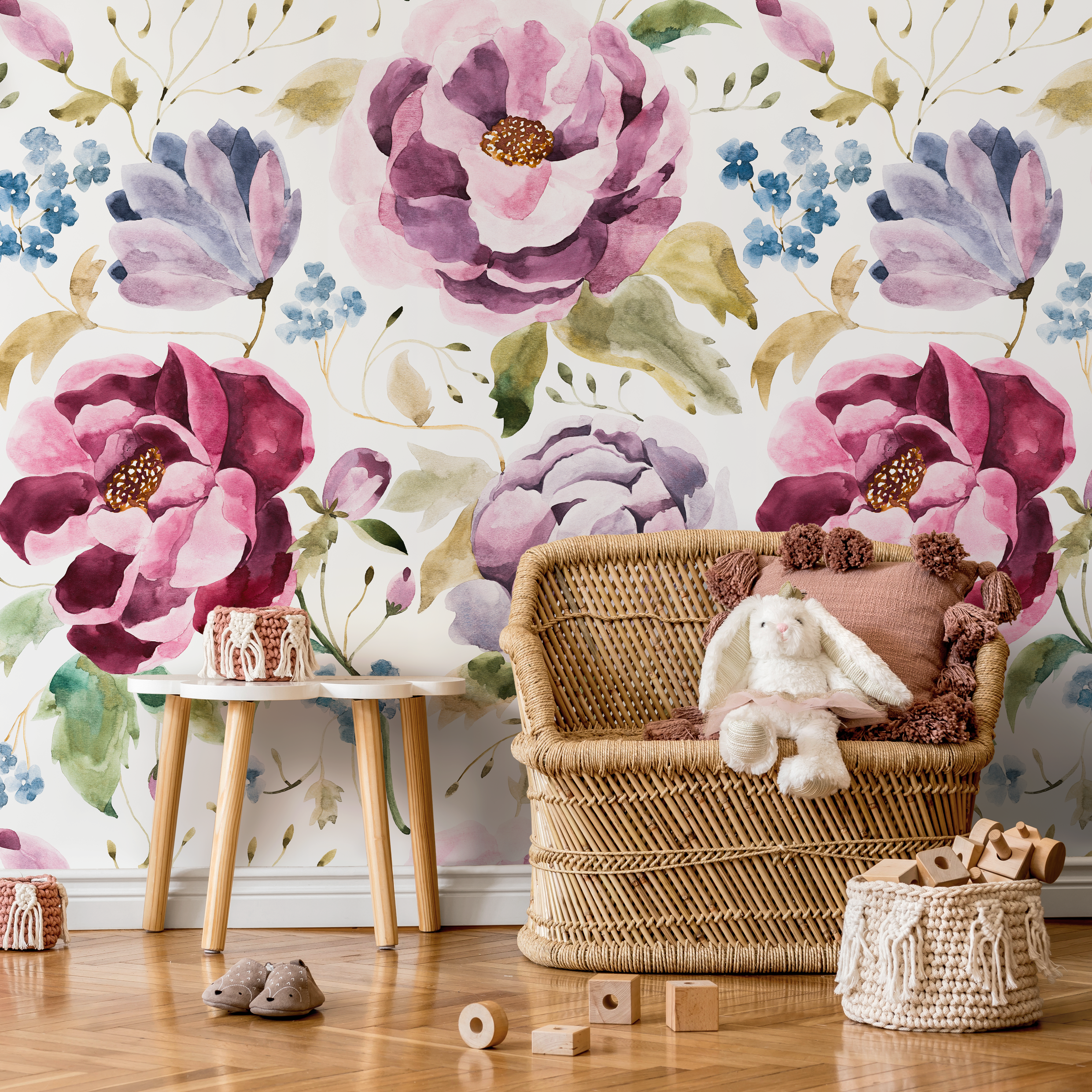 Floral Wallpaper Featuring Watercolor Roses In Pink, Purple, And Blue - C964