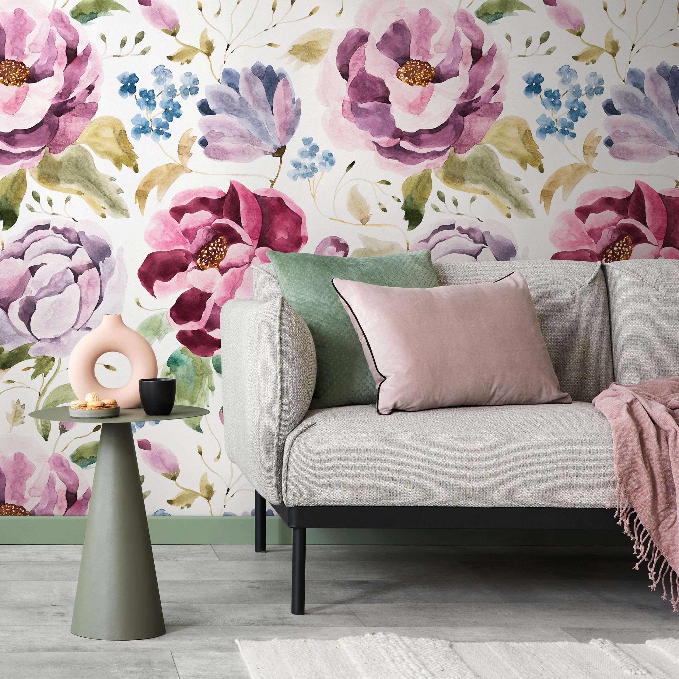 Floral Wallpaper Featuring Watercolor Roses In Pink, Purple, And Blue - C964