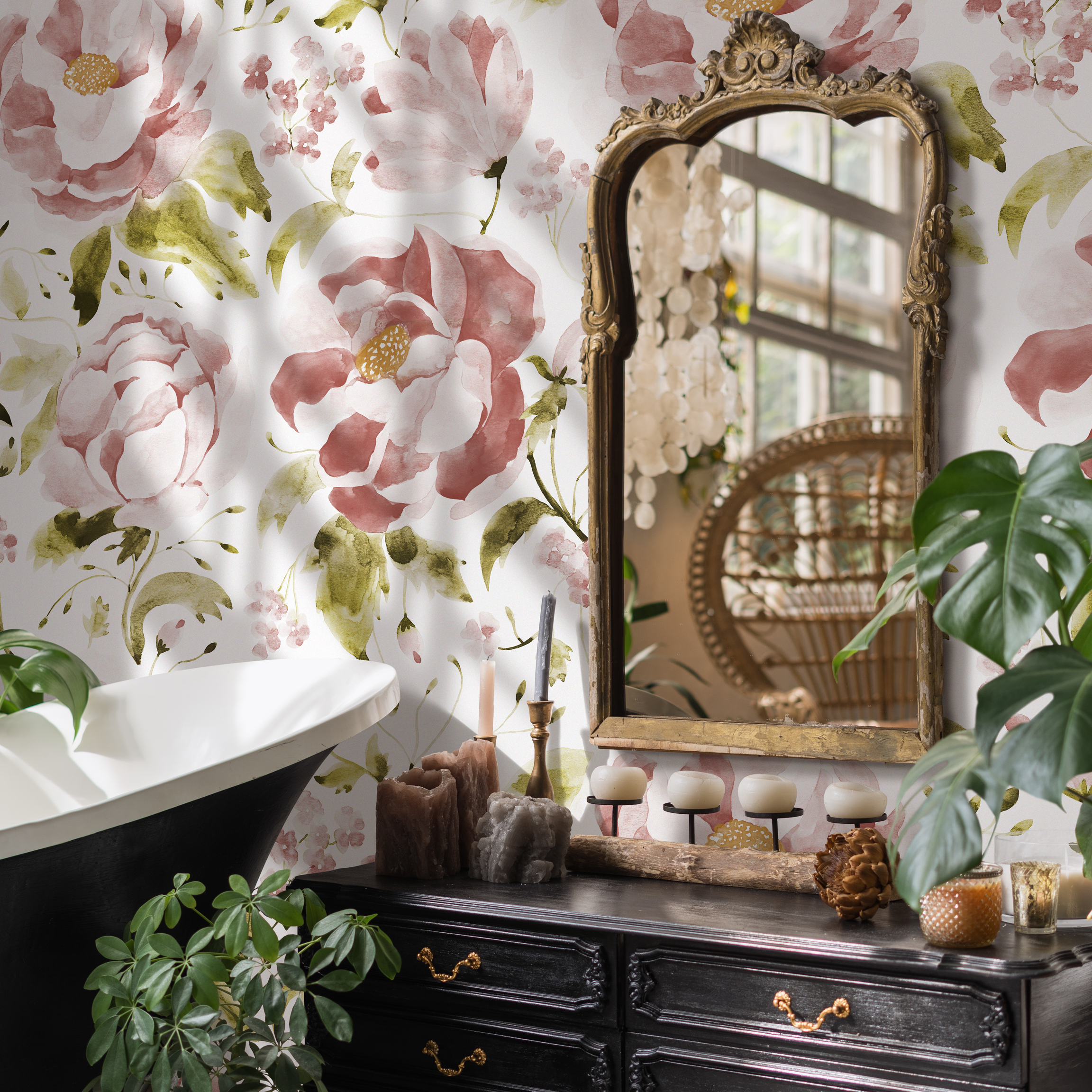 Floral Wallpaper With A Watercolor Peony Motif In Pink And Green - C965