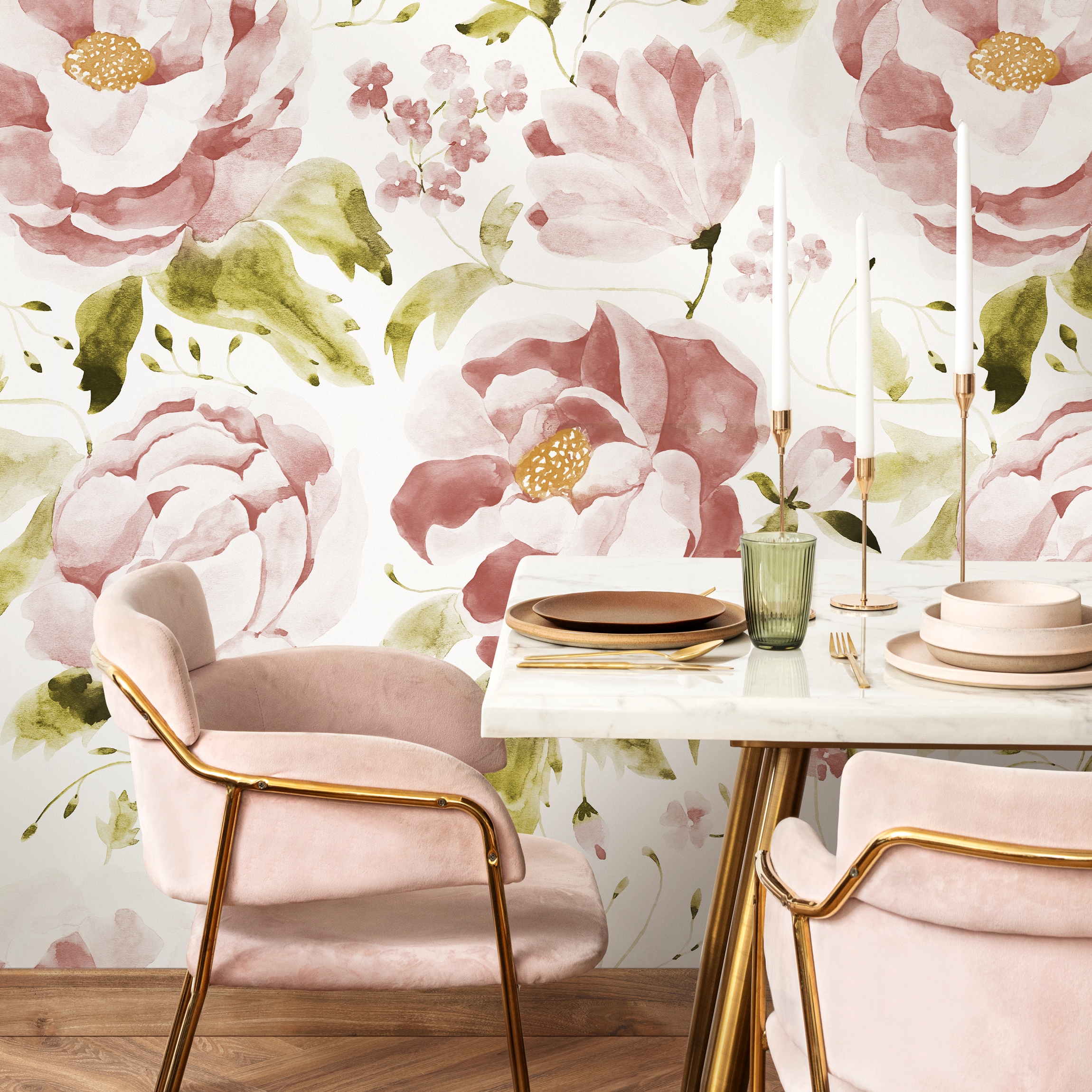 Floral Wallpaper With A Watercolor Peony Motif In Pink And Green - C965