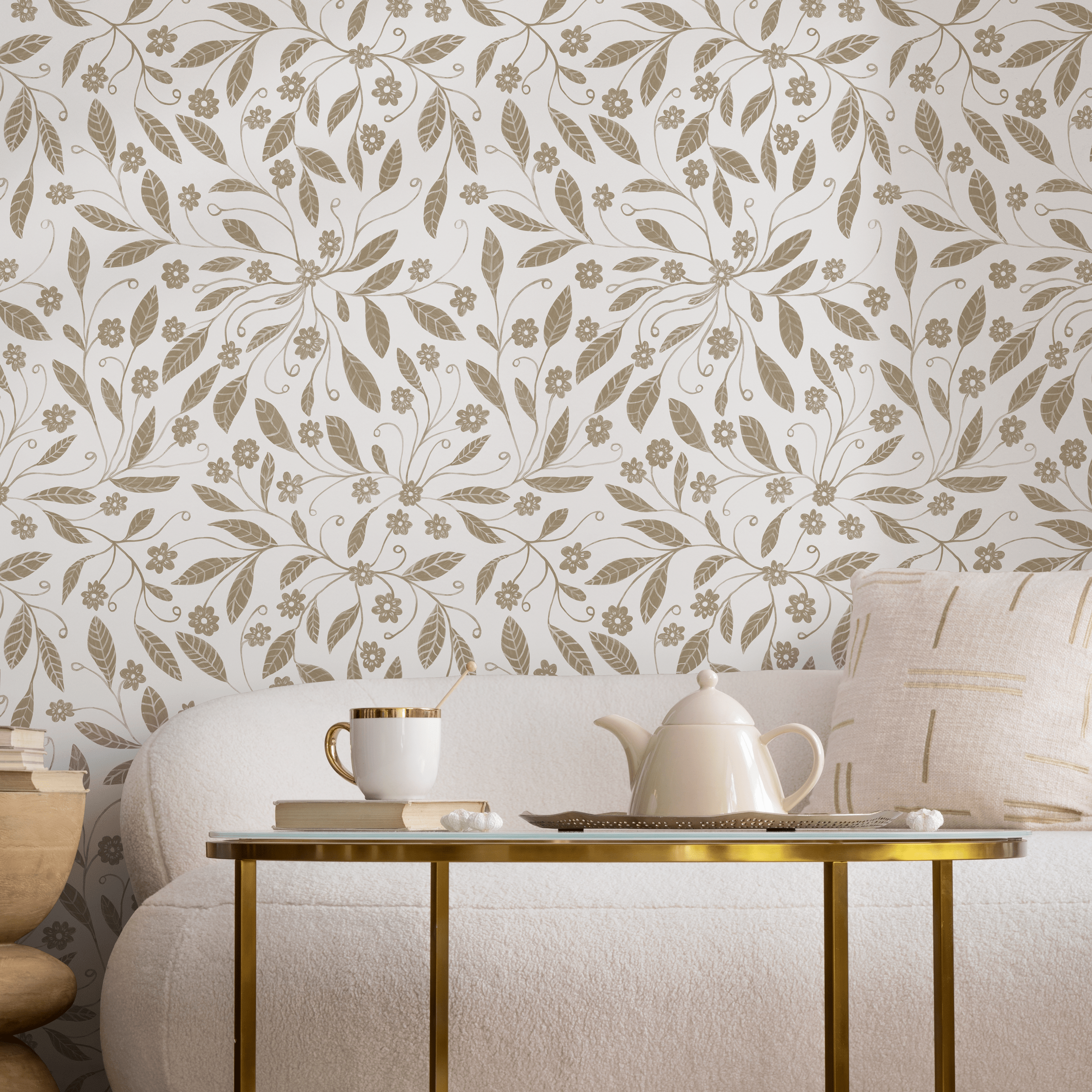 Floral Garden Wallpaper With Delicate Trailing Vines In Beige - C968