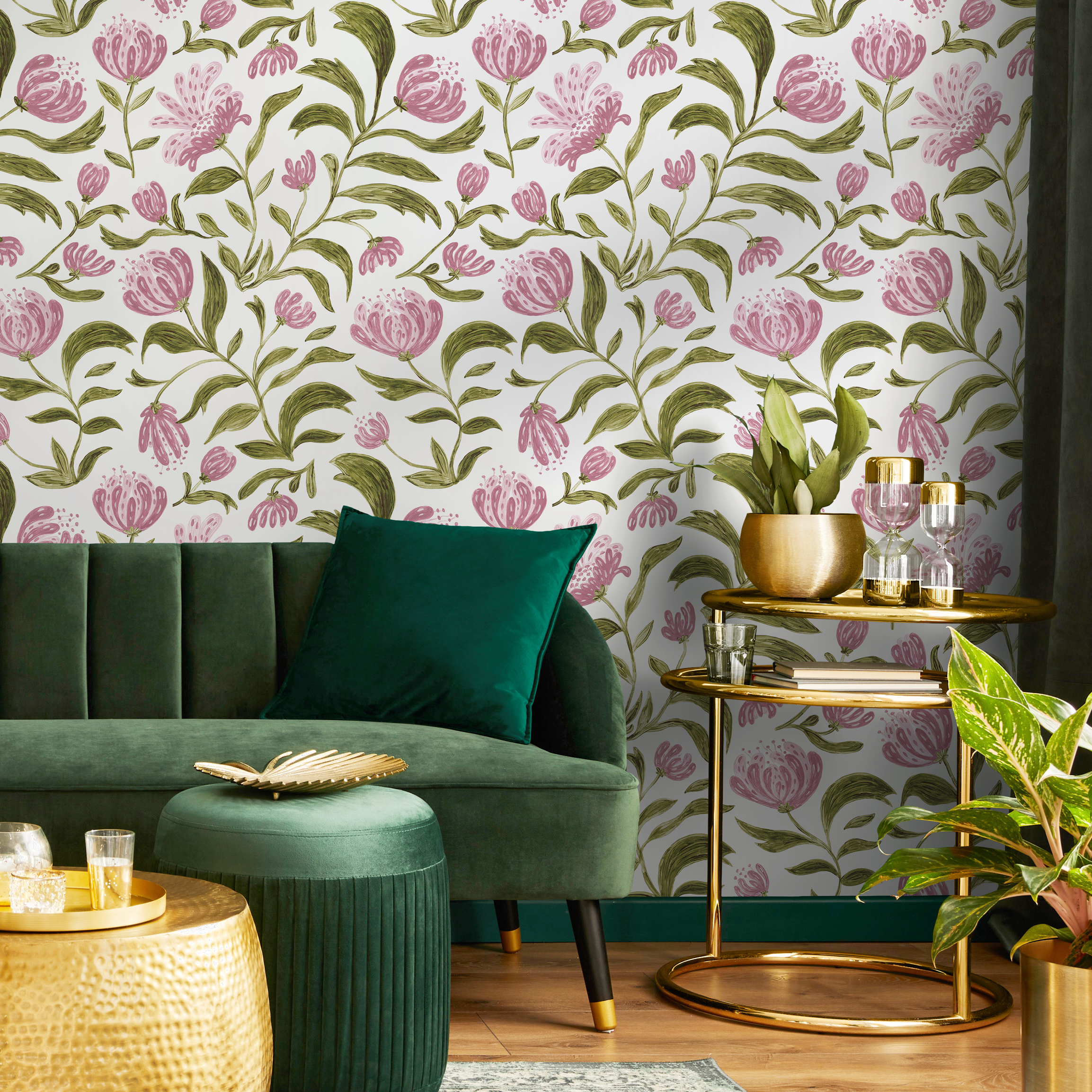 Floral Wallpaper Featuring Hand-painted Blooms In Pink And Green - C971