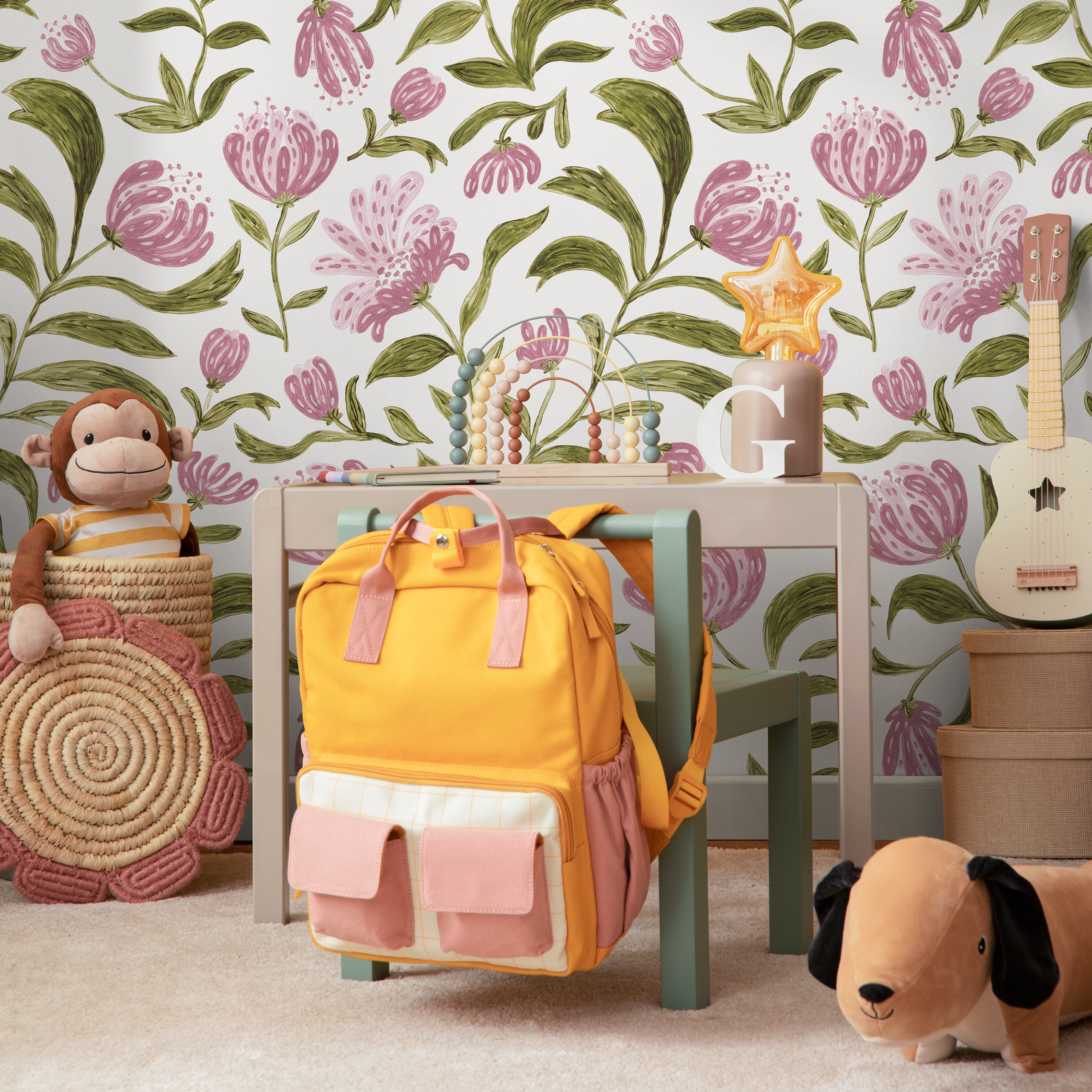 Floral Wallpaper Featuring Hand-painted Blooms In Pink And Green - C971