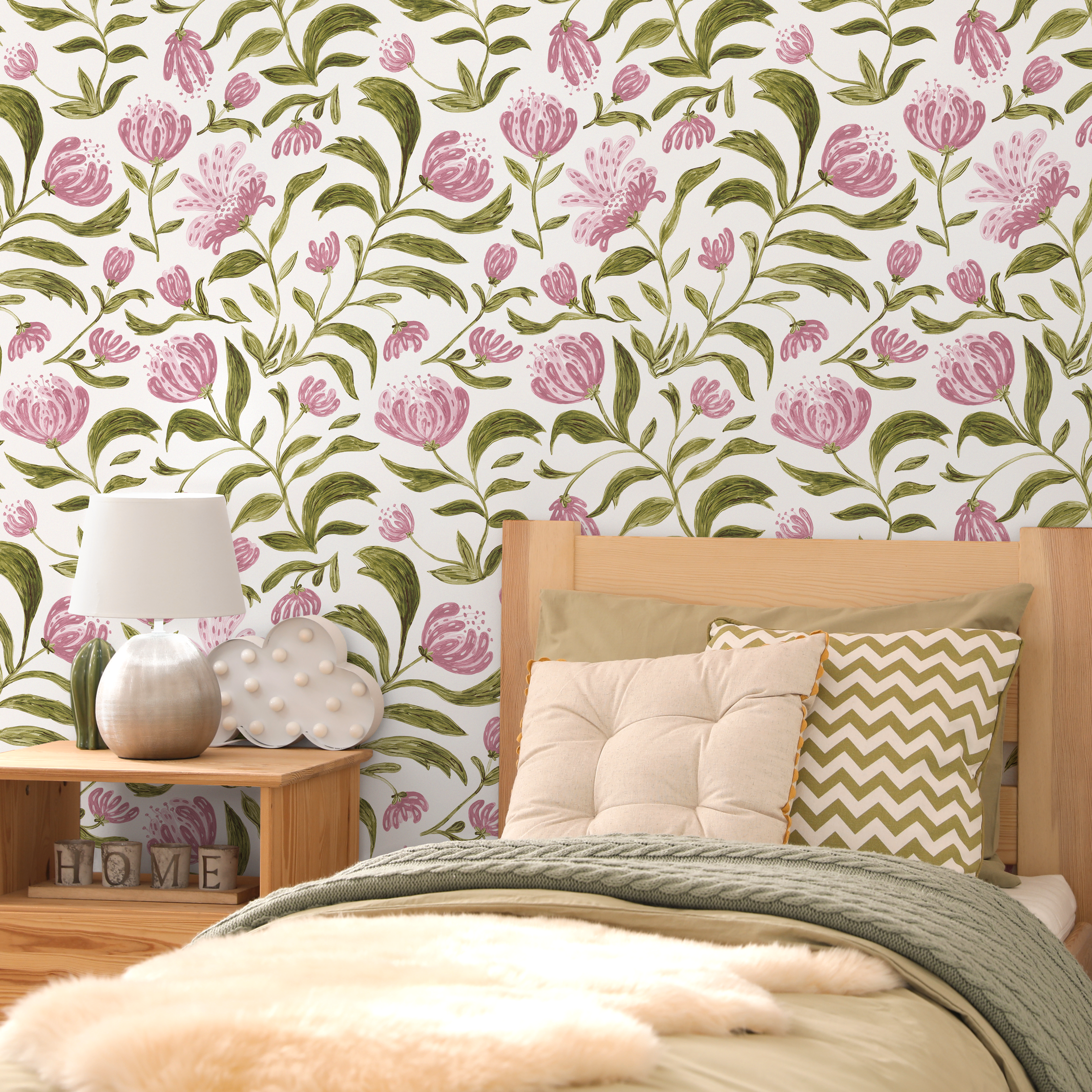 Floral Wallpaper Featuring Hand-painted Blooms In Pink And Green - C971