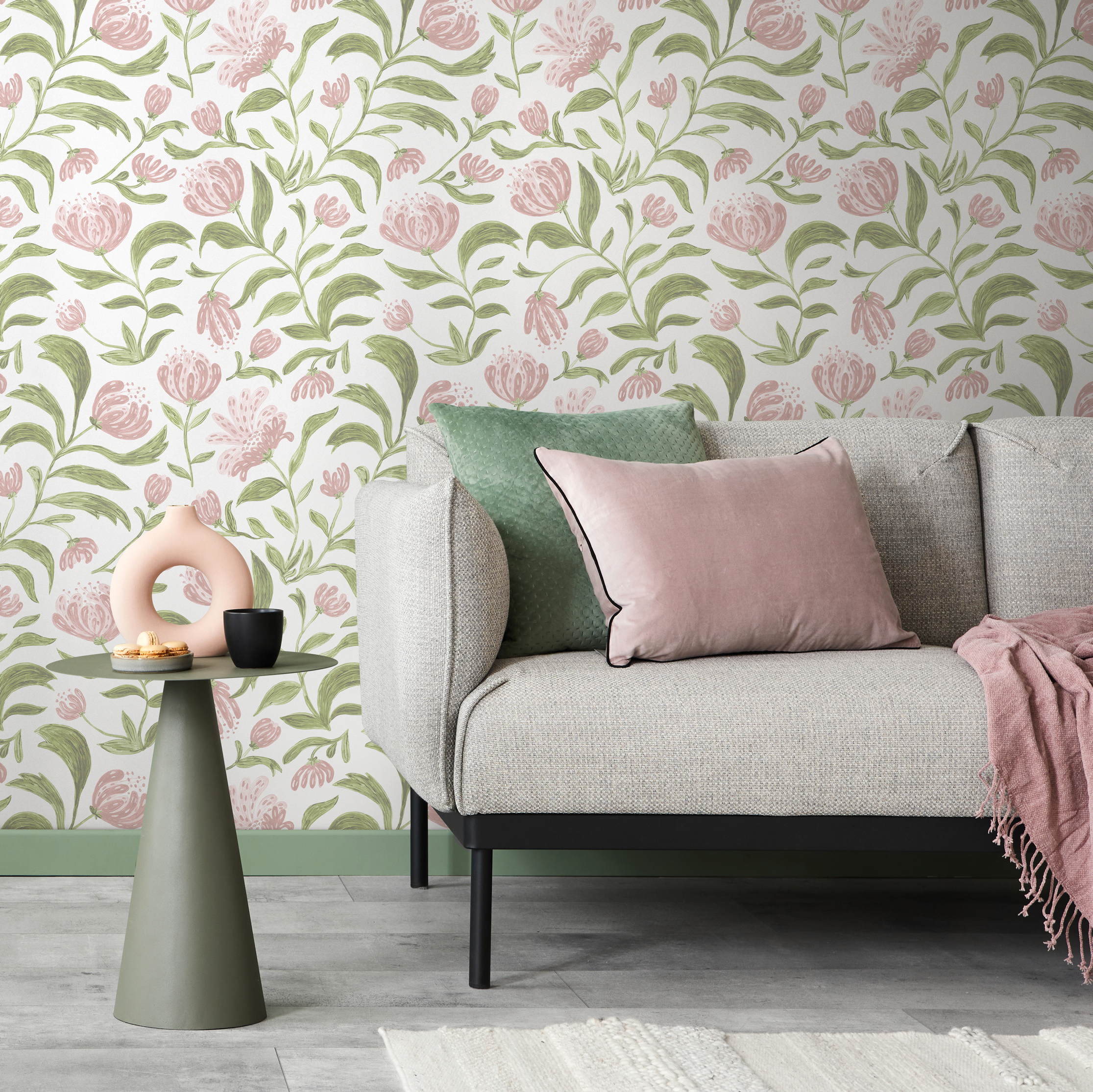 Floral Wallpaper Featuring A Vintage Garden Vine In Pink And Green - C972