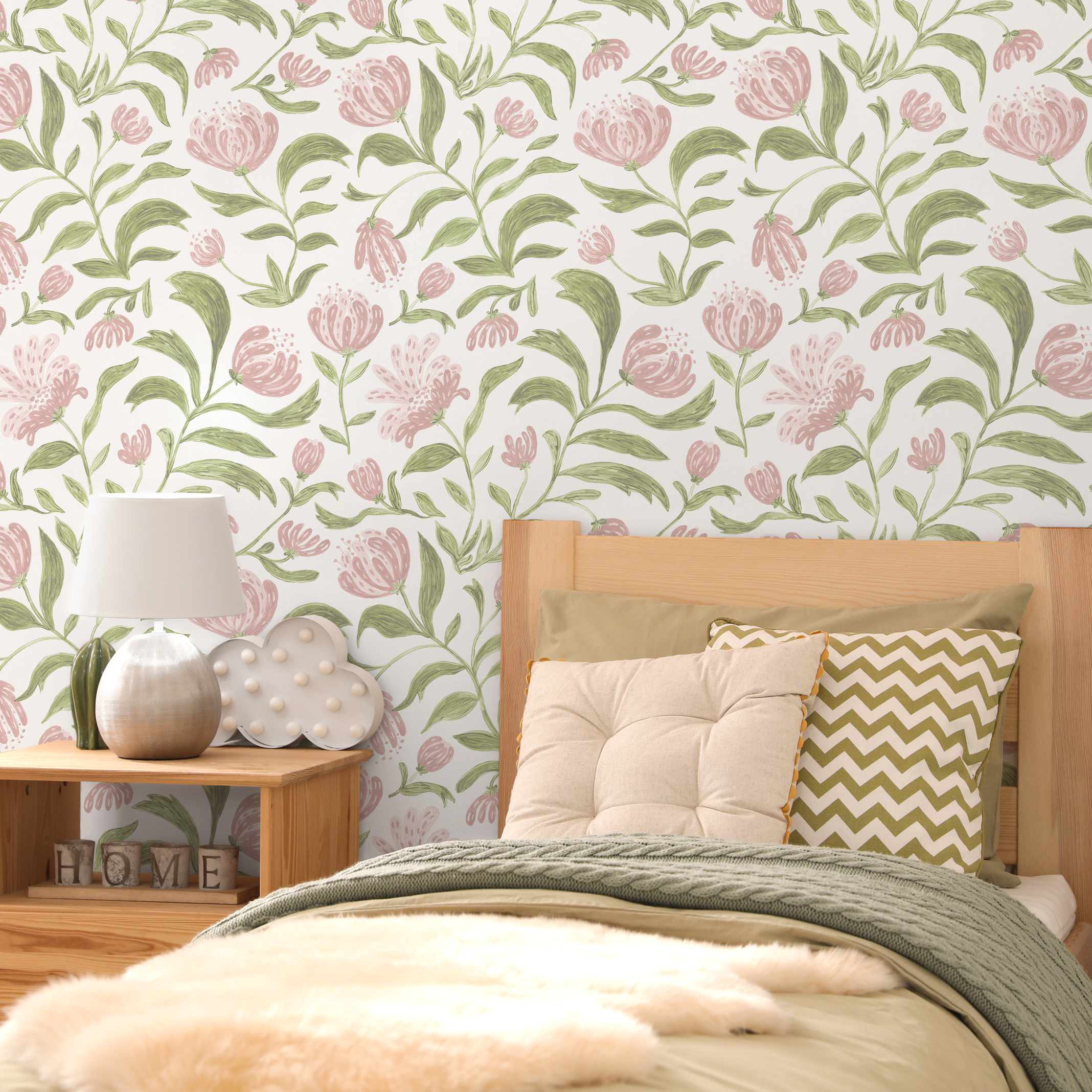 Floral Wallpaper Featuring A Vintage Garden Vine In Pink And Green - C972