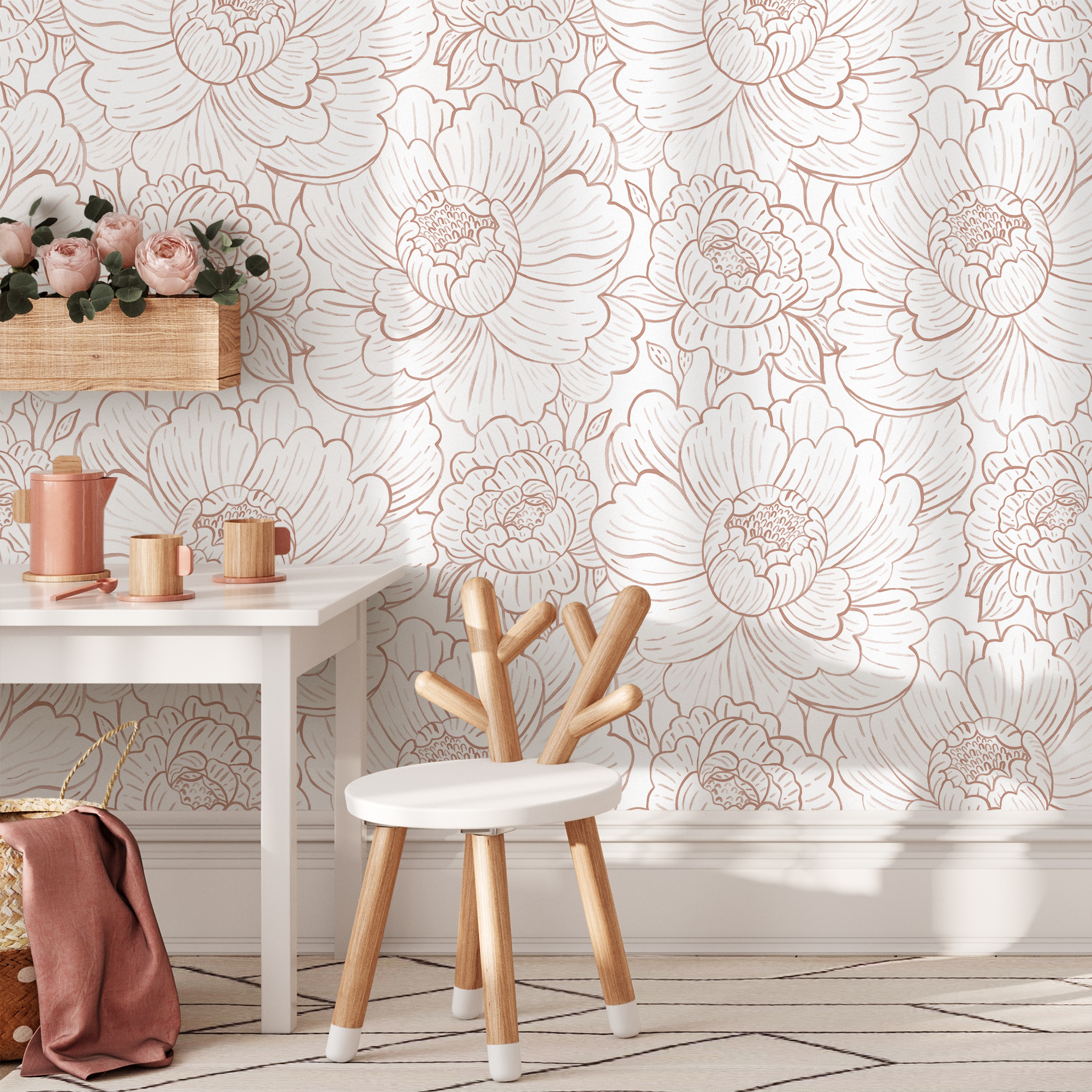 Floral Wallpaper With Minimalist Peony Outlines In Dusty Rose - C973