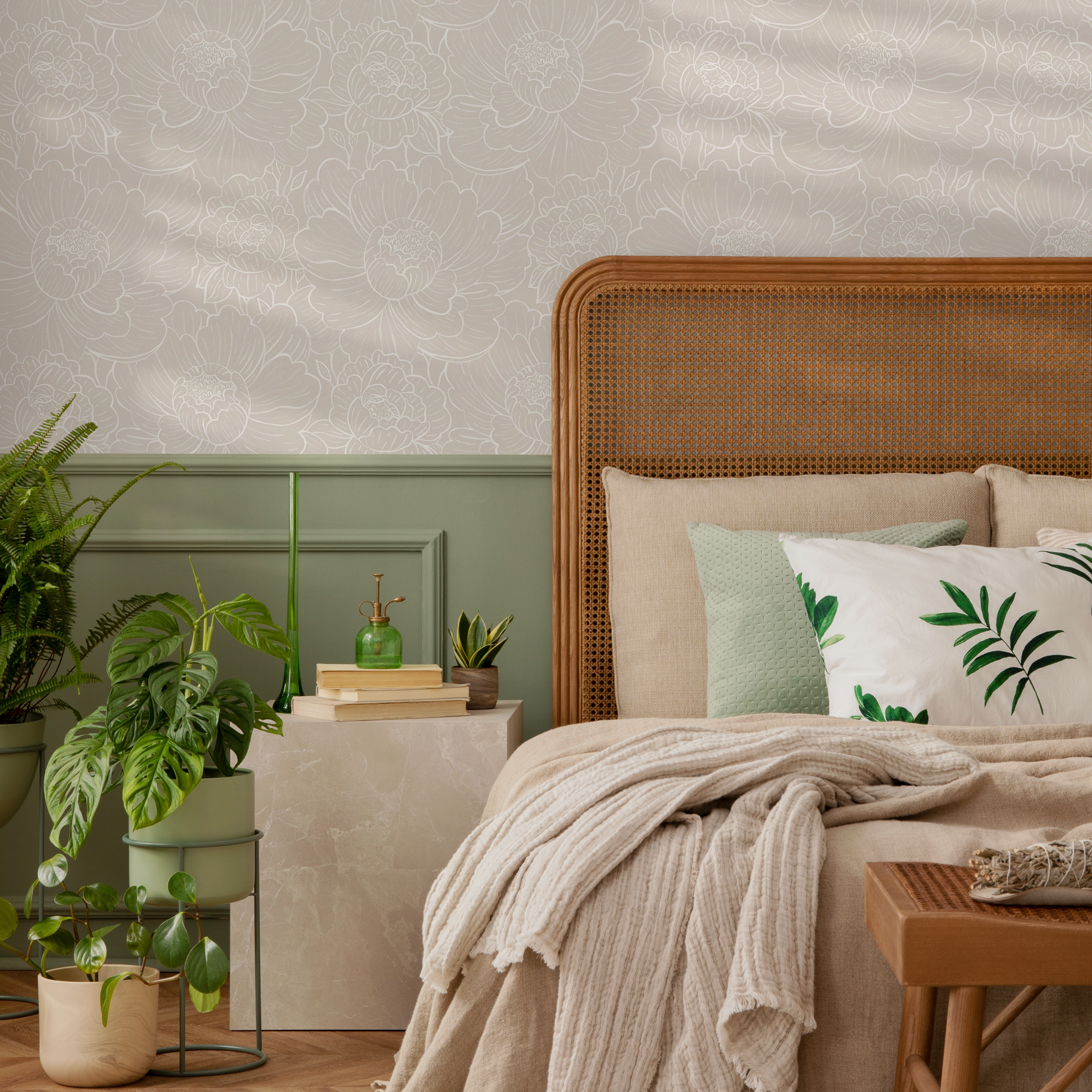 Floral Wallpaper Featuring Elegant Peony Line Art In Beige And White - C974