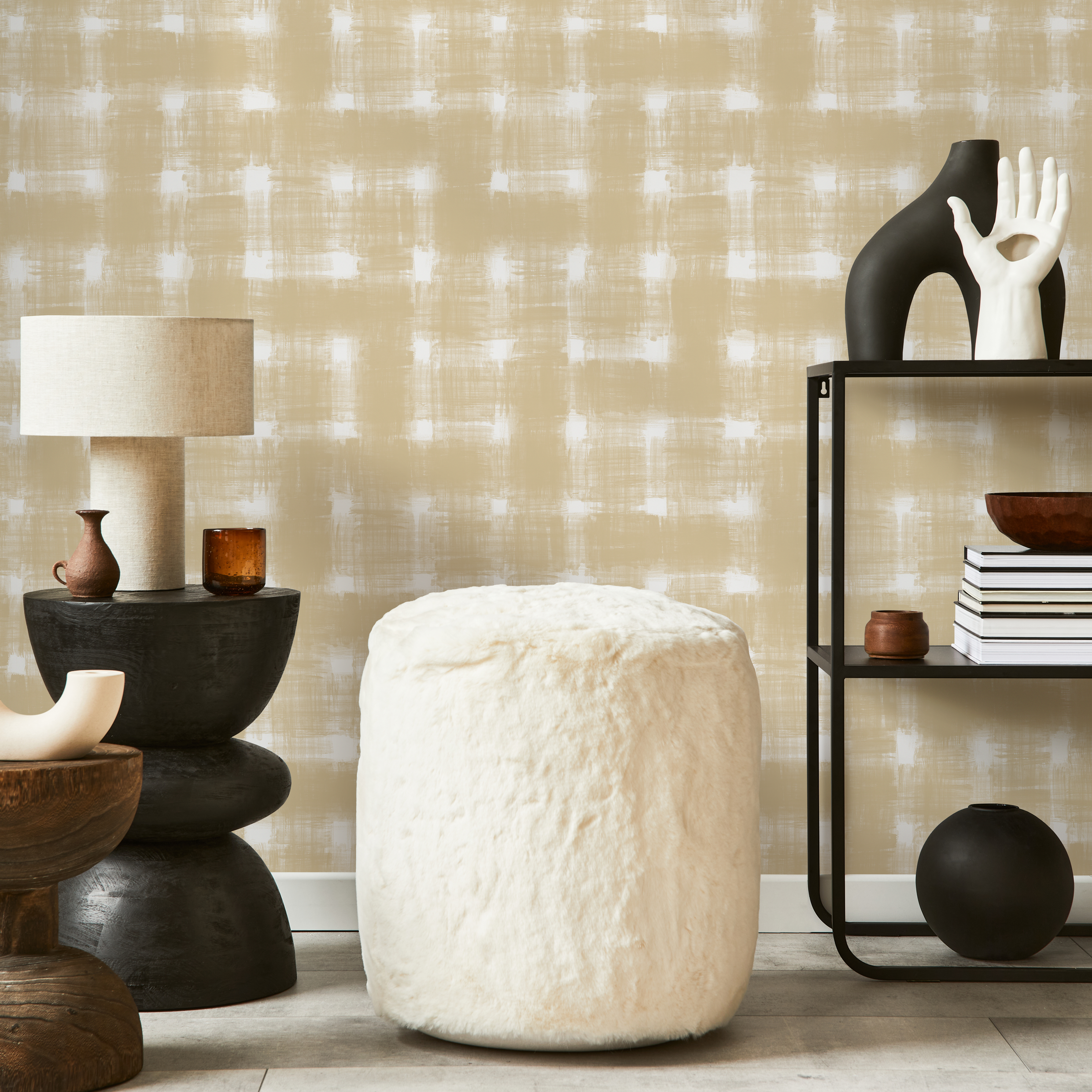 Checkered Wallpaper With A Painterly Motif In Beige And Cream - C977