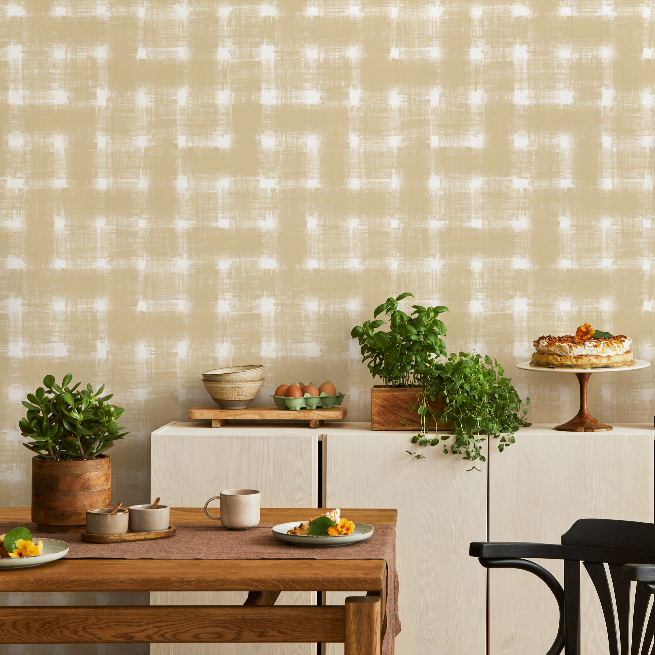 Checkered Wallpaper With A Painterly Motif In Beige And Cream - C977