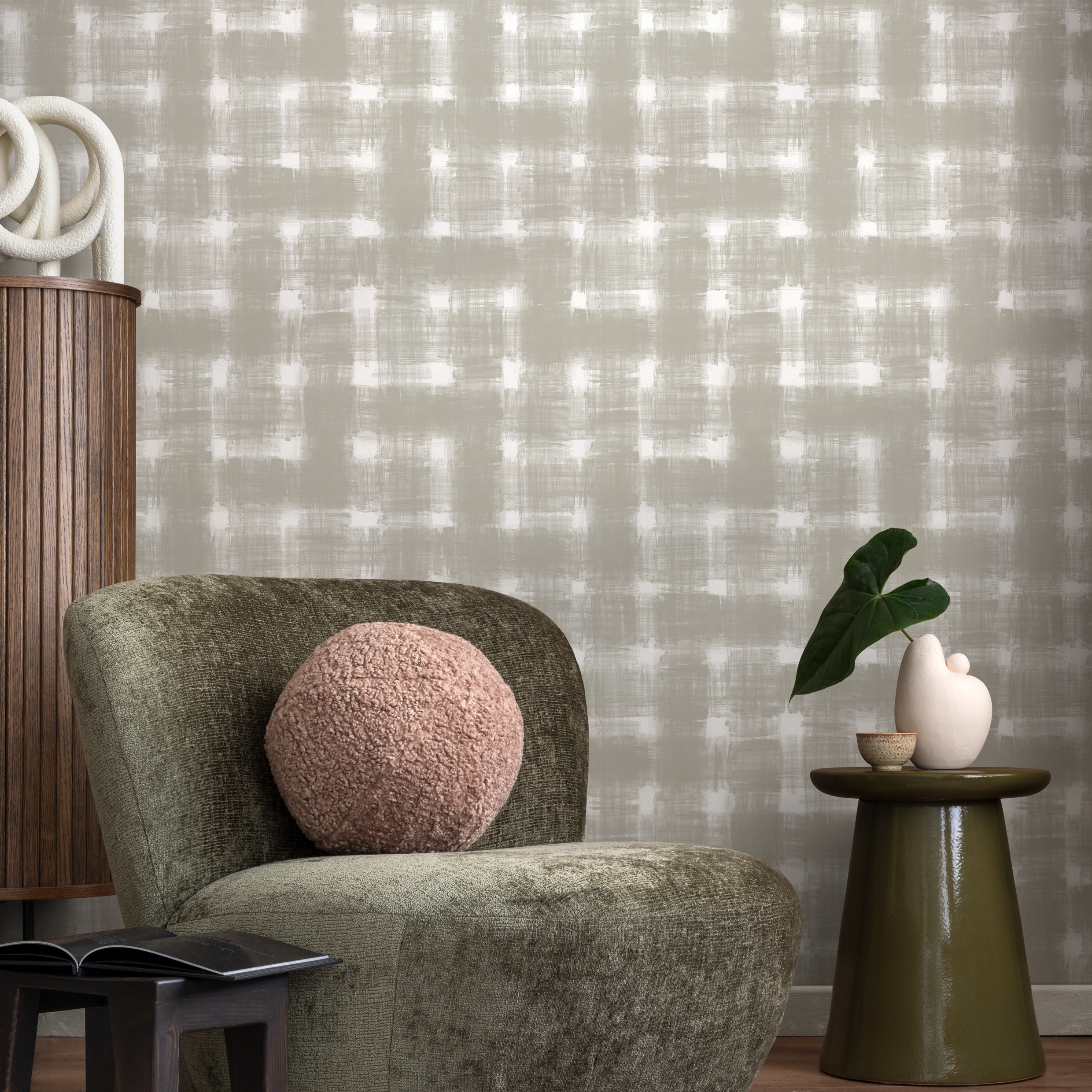 Checkered Wallpaper With A Rustic Brushed Motif In Gray And Off-white - C978