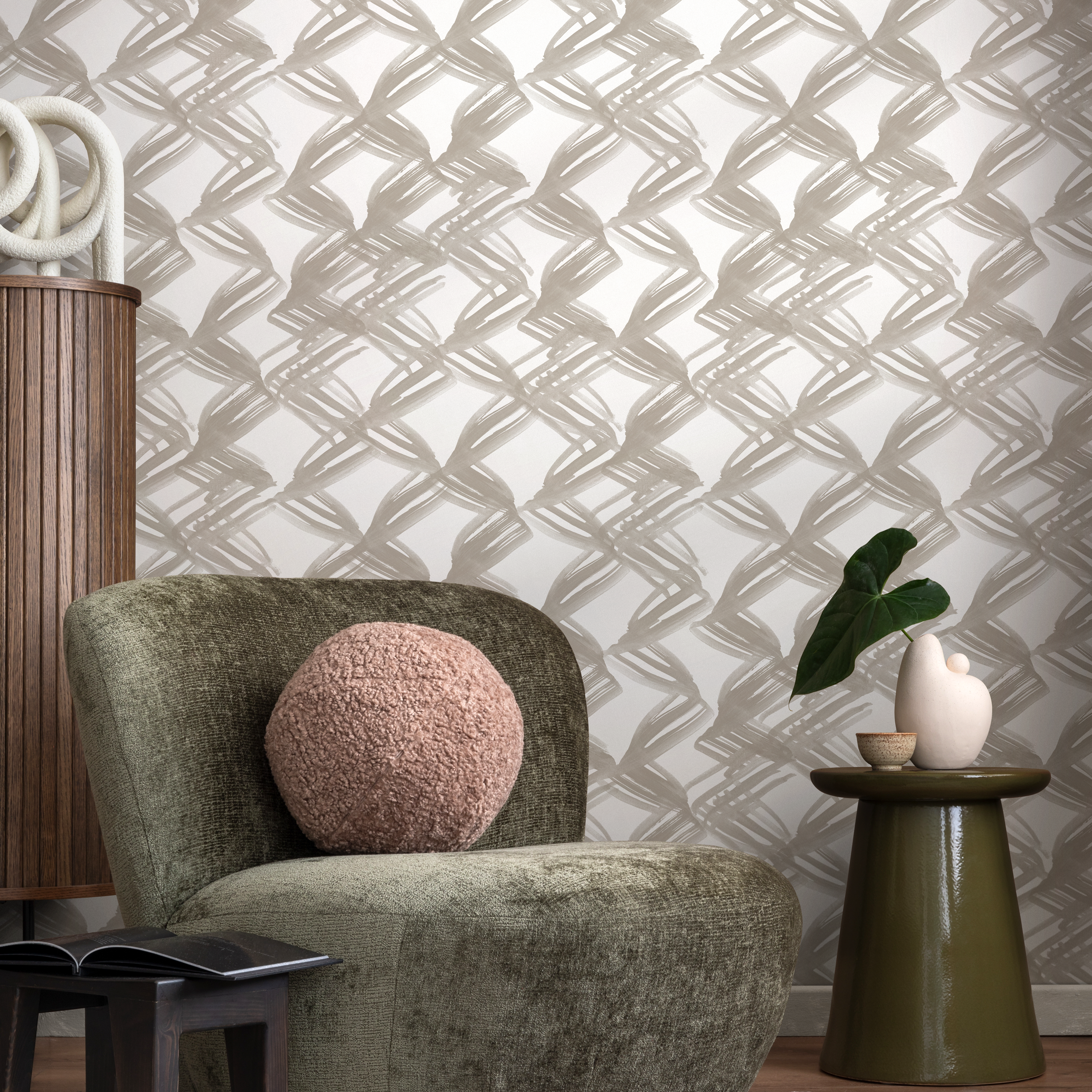 Abstract Wallpaper With A Woven Brushstroke Motif In Taupe - C980