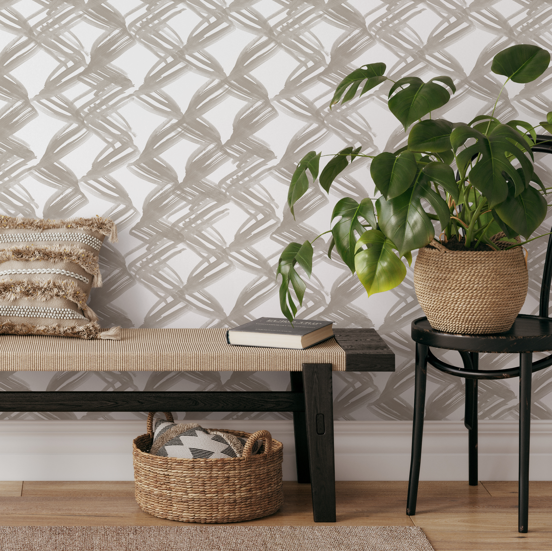 Abstract Wallpaper With A Woven Brushstroke Motif In Taupe - C980