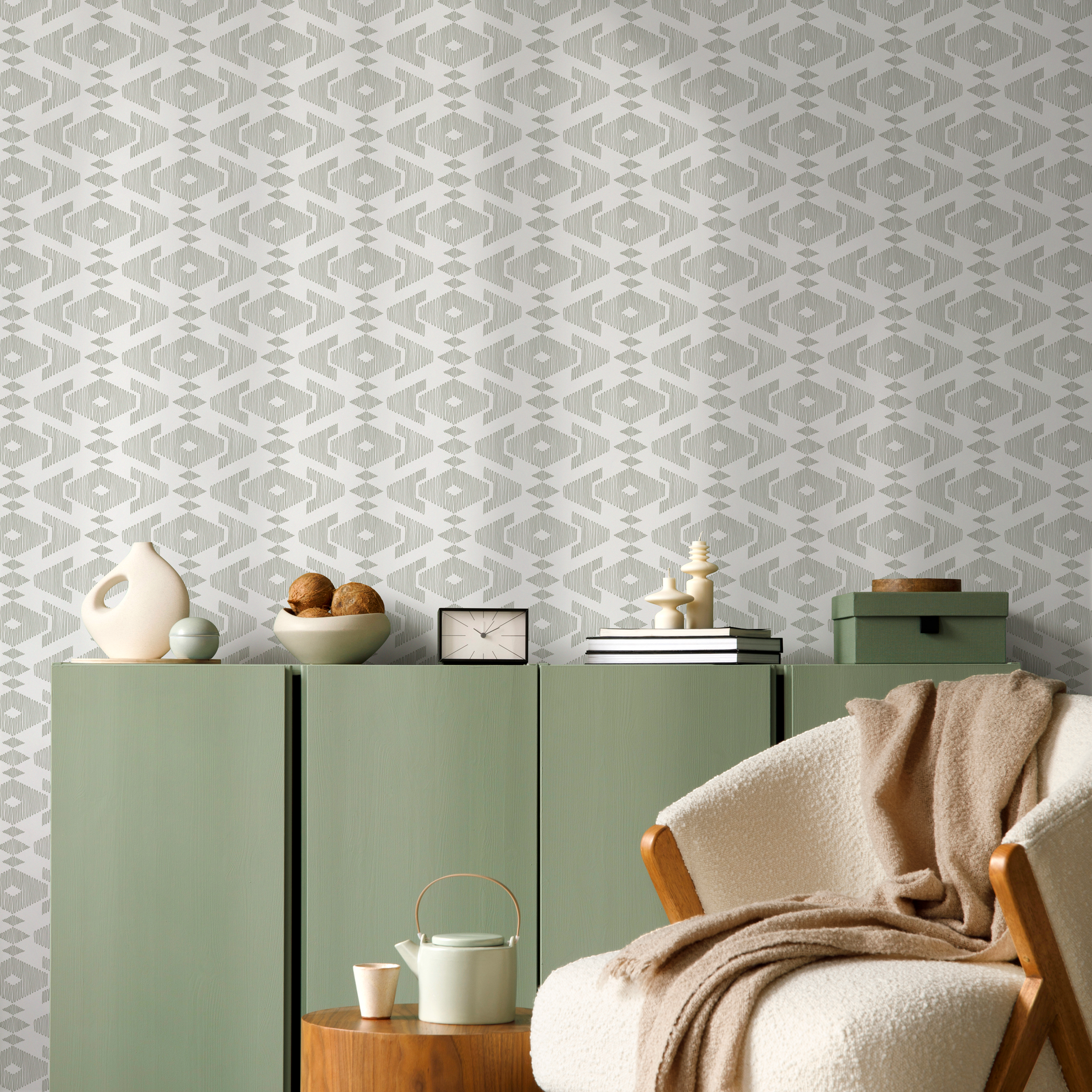 Geometric Wallpaper With A Sketched Diamond Motif In Sage Green - C981
