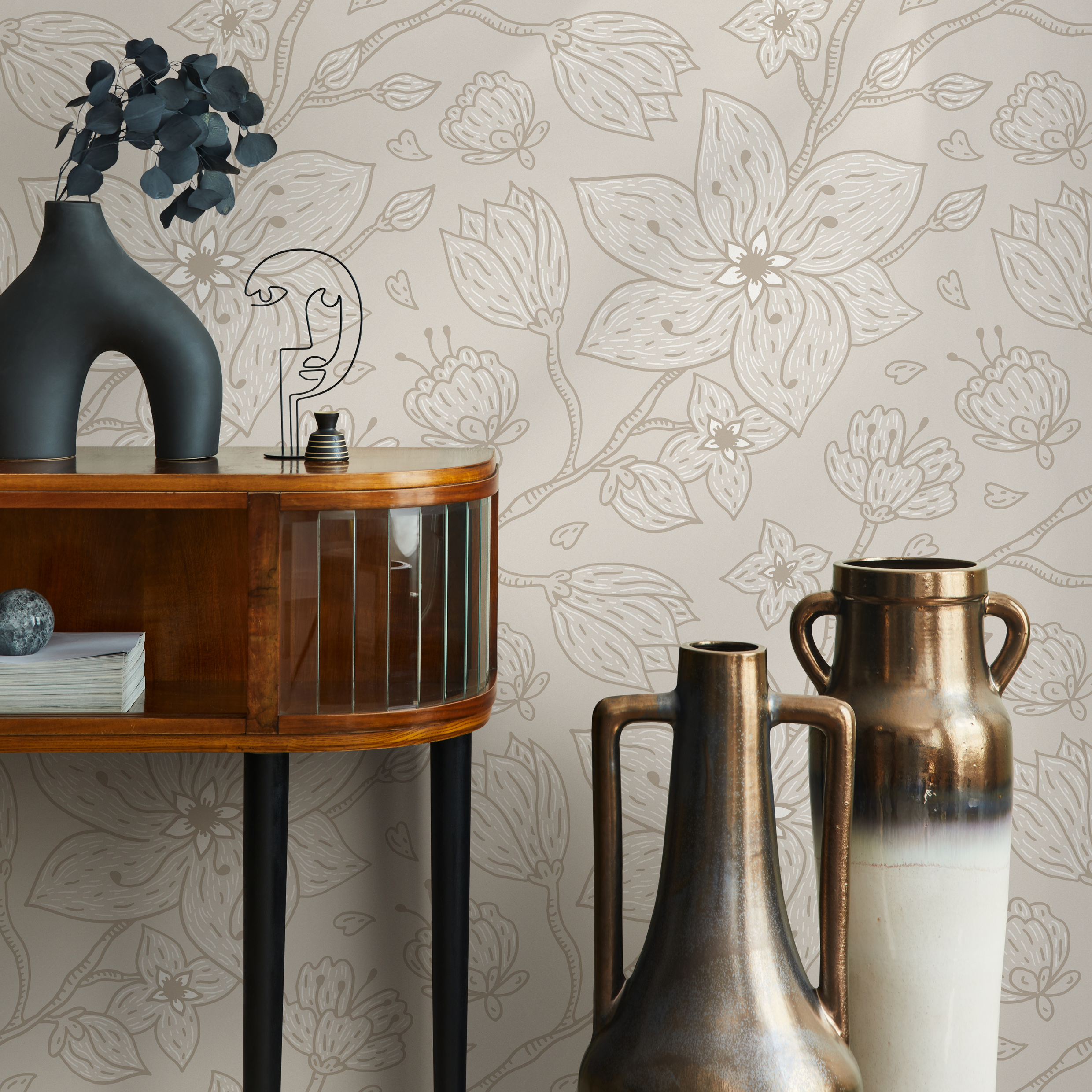 Floral Wallpaper With A Minimalist Line Art Motif In Taupe And Beige - C983