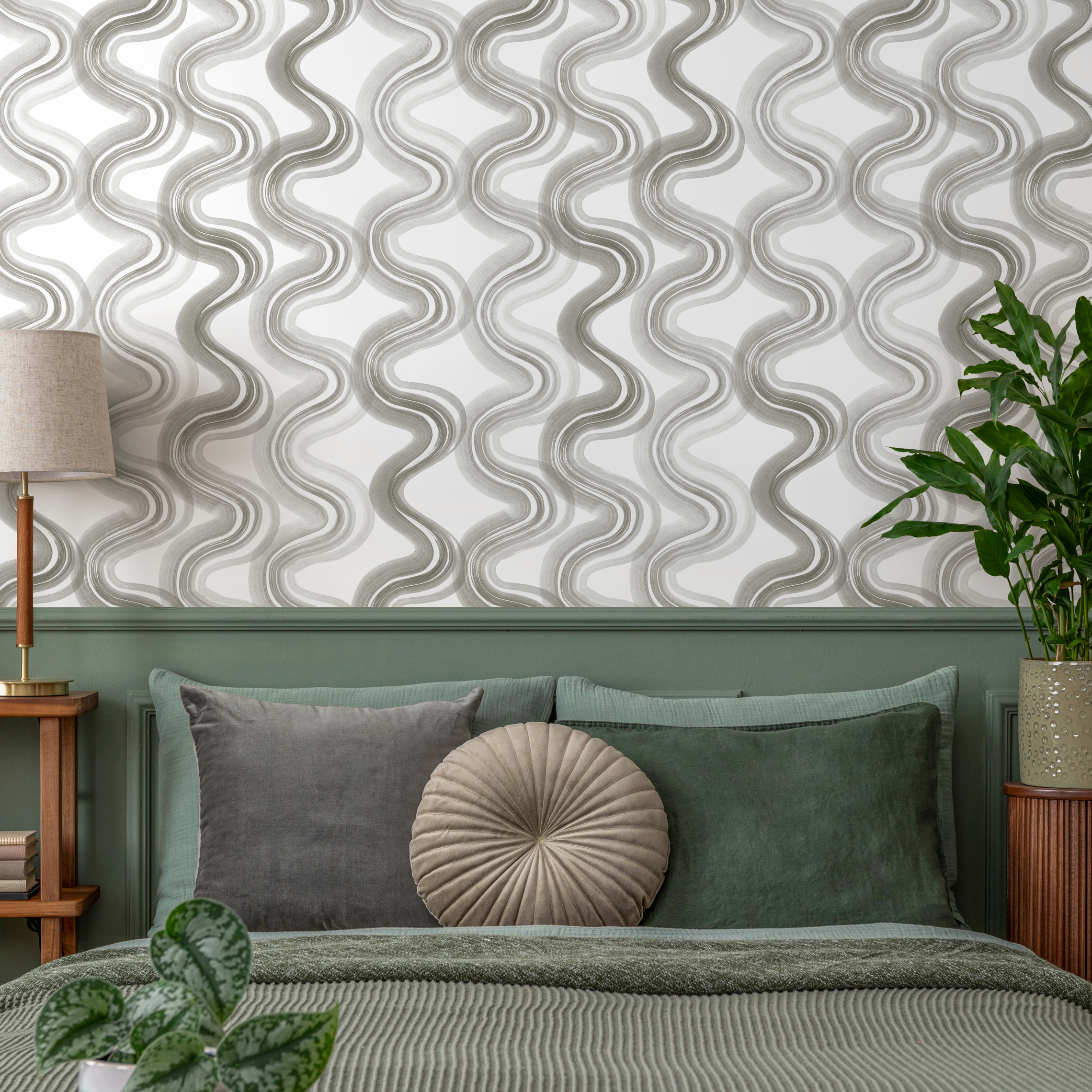 Abstract Wallpaper With A Wavy Ink Brushstroke Motif In Shades Of Gray - C984