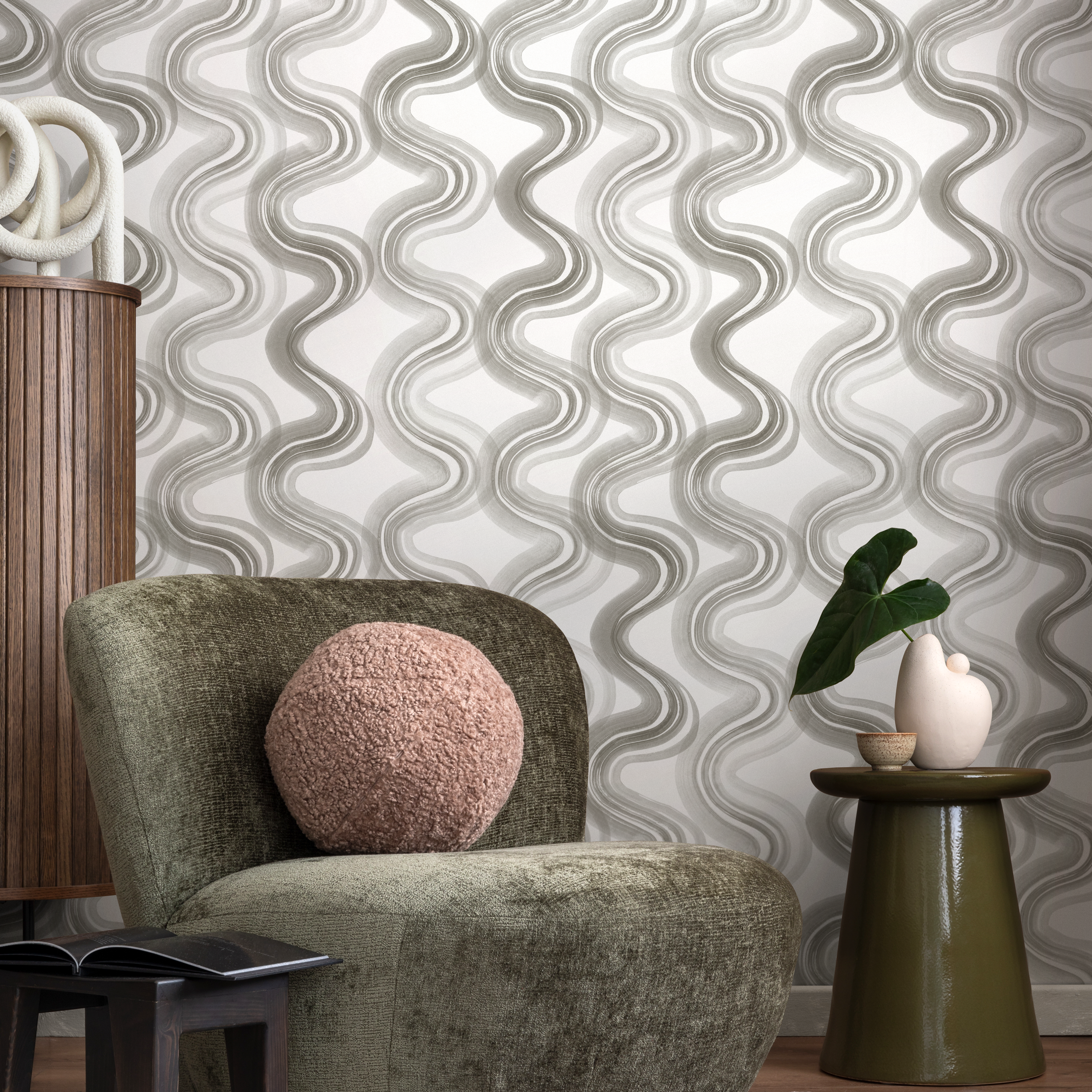 Abstract Wallpaper With A Wavy Ink Brushstroke Motif In Shades Of Gray - C984
