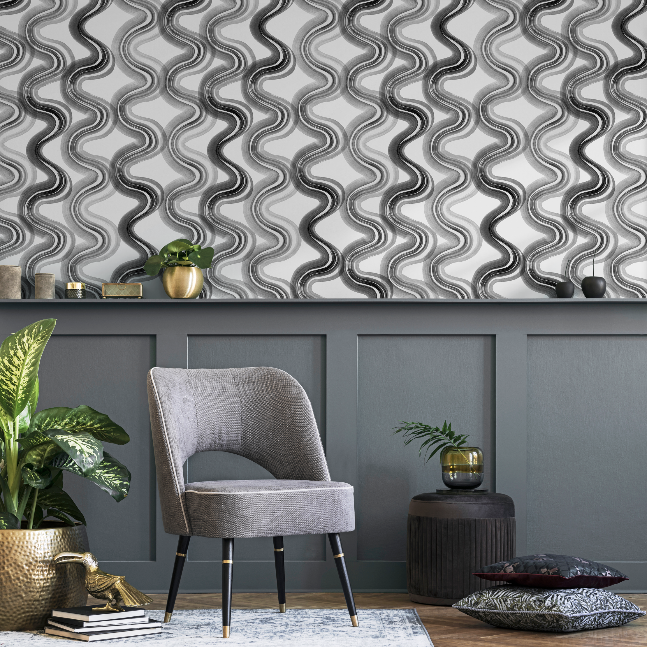 Abstract Wallpaper With Wavy Ink Lines In Black, White, And Gray - C985