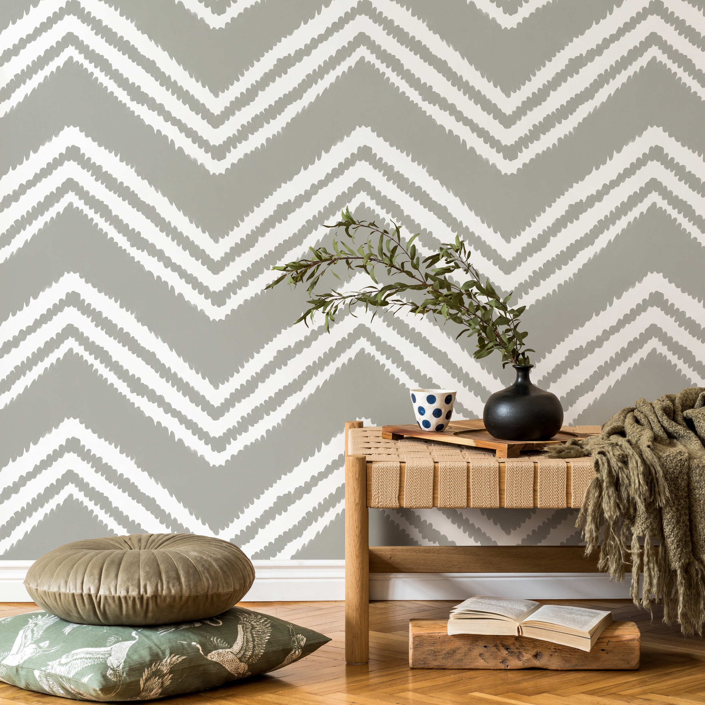 Boho Wallpaper With A Hand-drawn Chevron Motif In Gray And White - C986