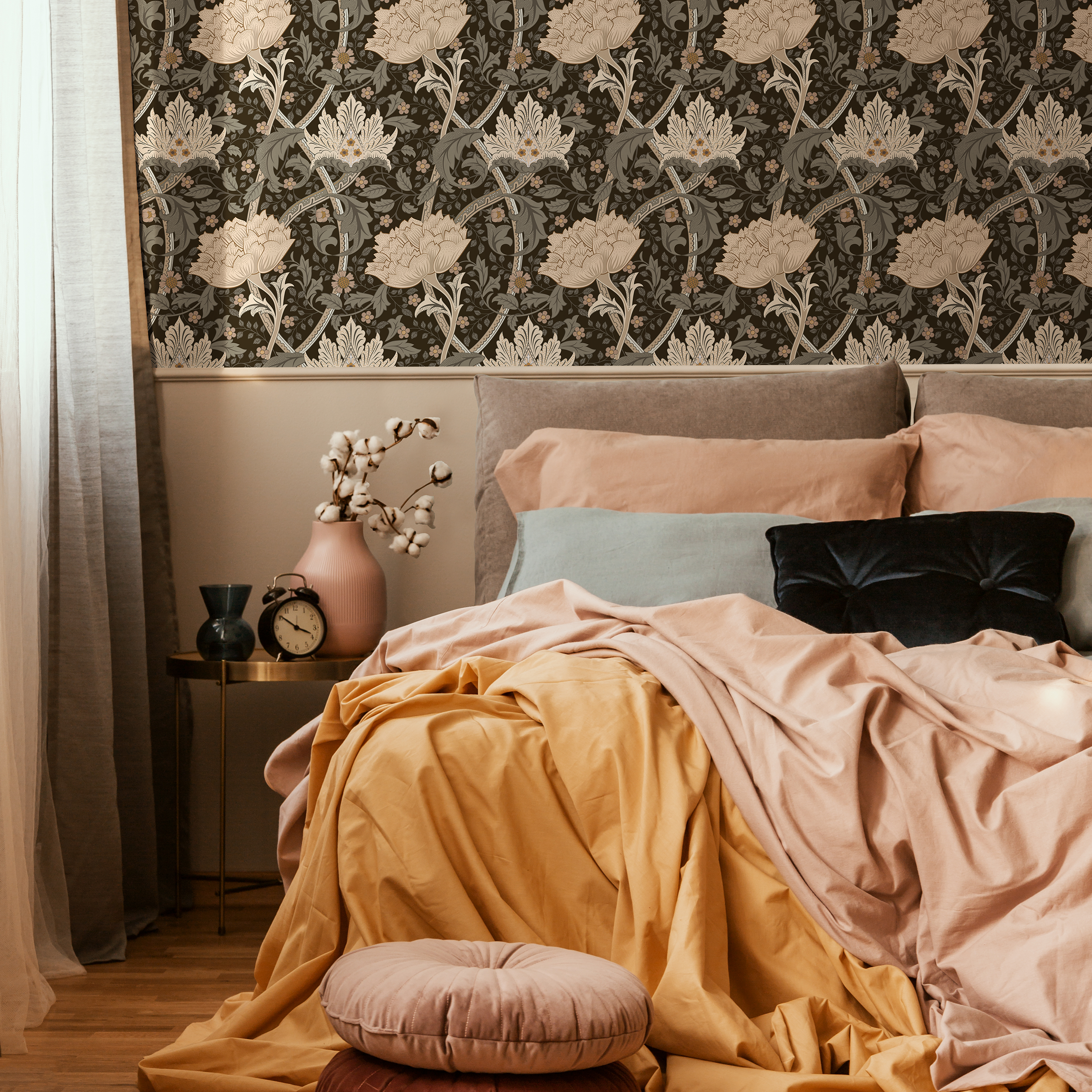 Floral Wallpaper With A William Morris Motif In Taupe, Sage, And Charcoal - C991