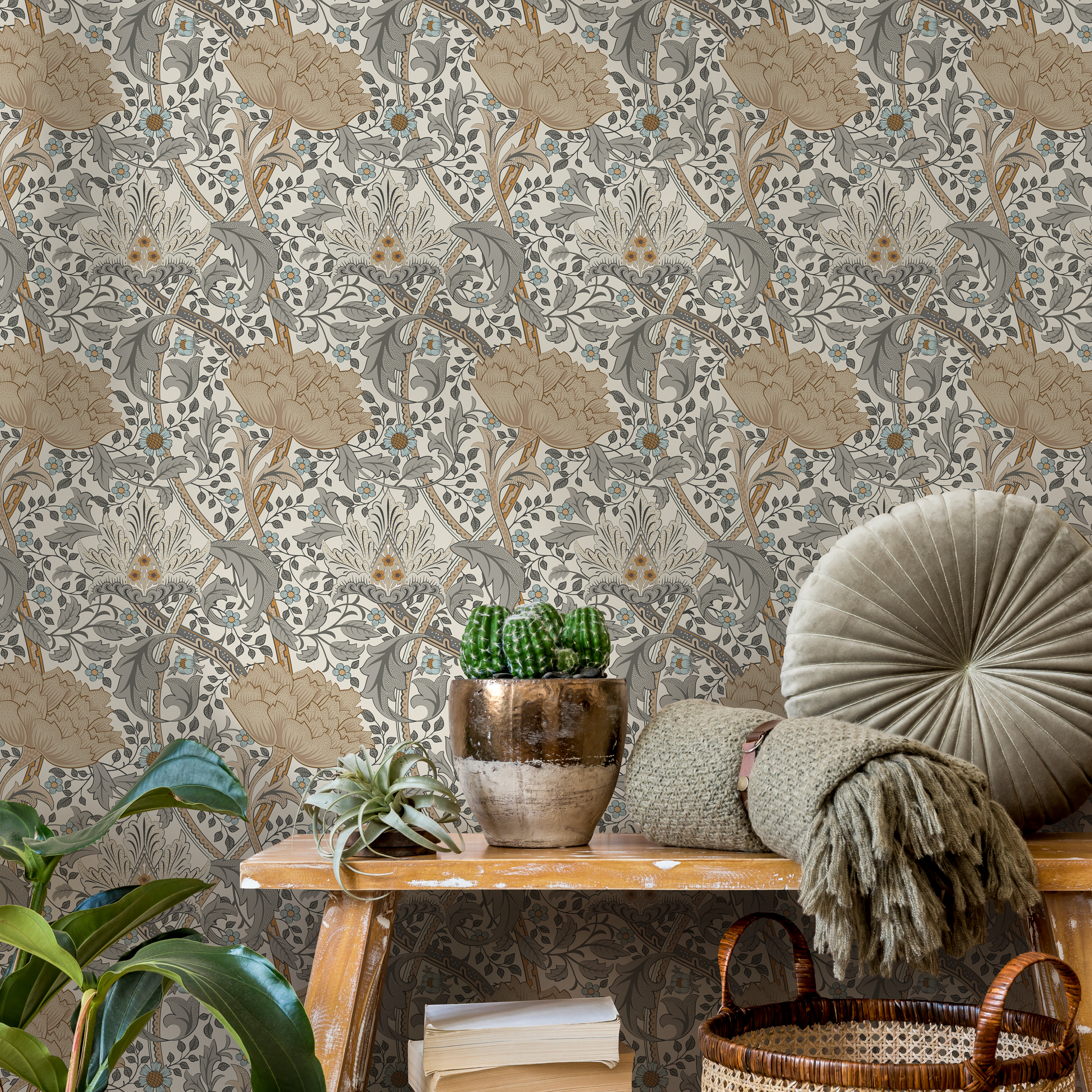 Art Nouveau Wallpaper With A Vintage Floral Motif In Beige, Gray, And Blue - C992