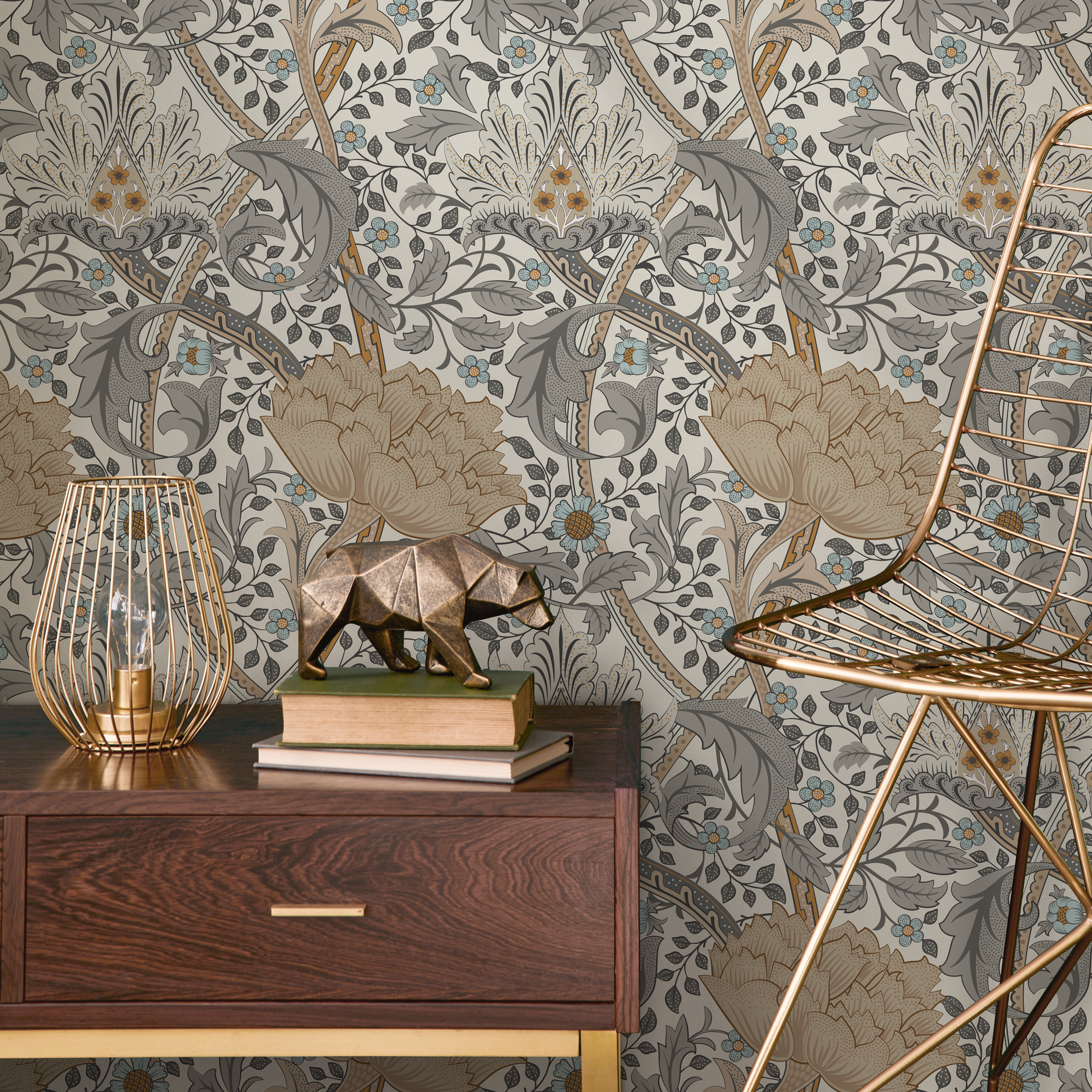Art Nouveau Wallpaper With A Vintage Floral Motif In Beige, Gray, And Blue - C992