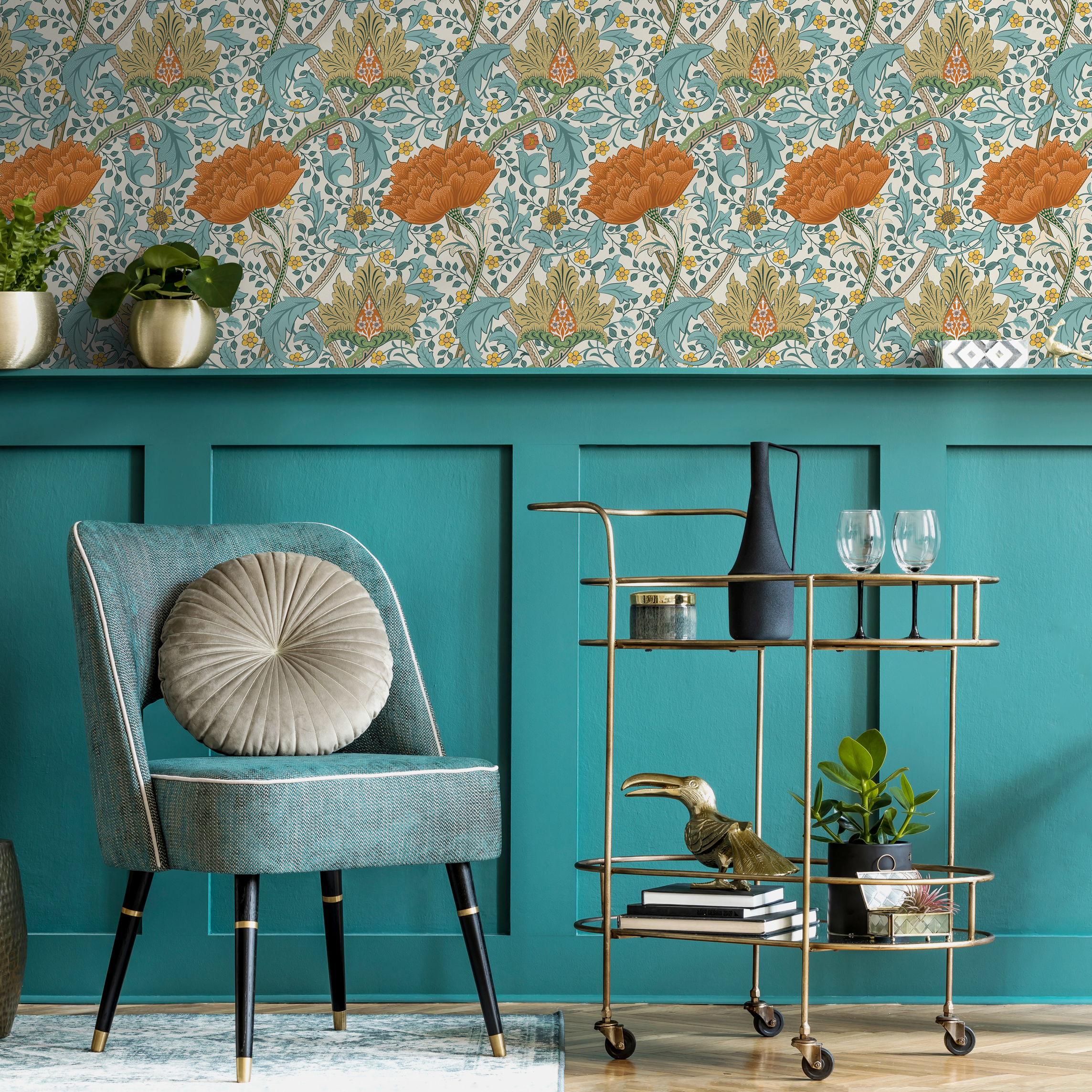 Floral Wallpaper With An Arts And Crafts Motif In Orange, Teal, And Gold - C993