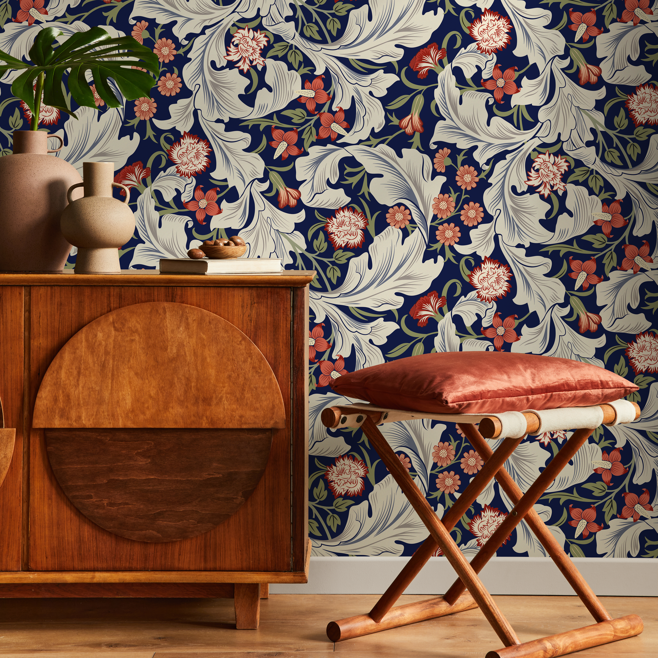 Arts And Crafts Wallpaper Featuring Florals In Blue, Red, And Cream - C995