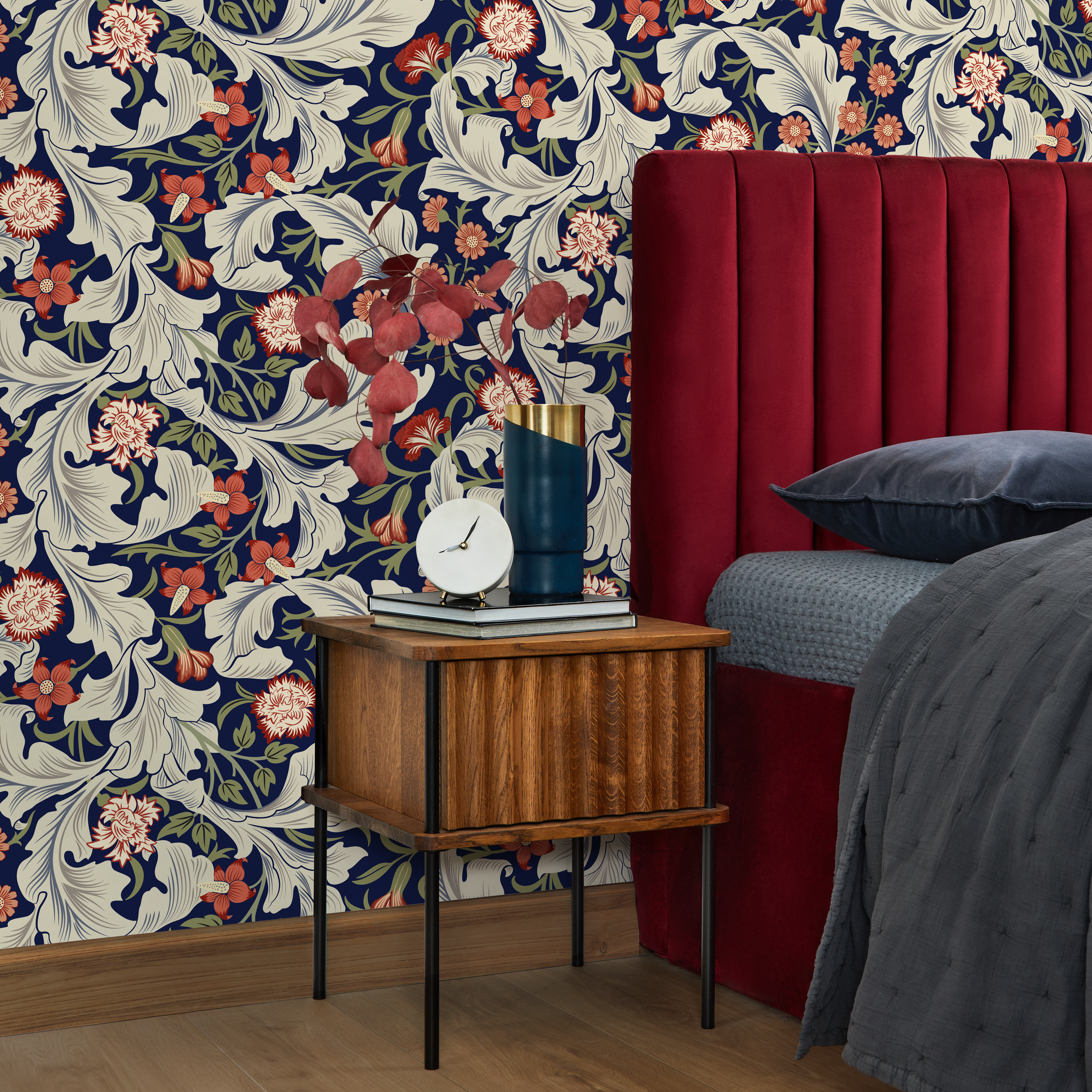 Arts And Crafts Wallpaper Featuring Florals In Blue, Red, And Cream - C995