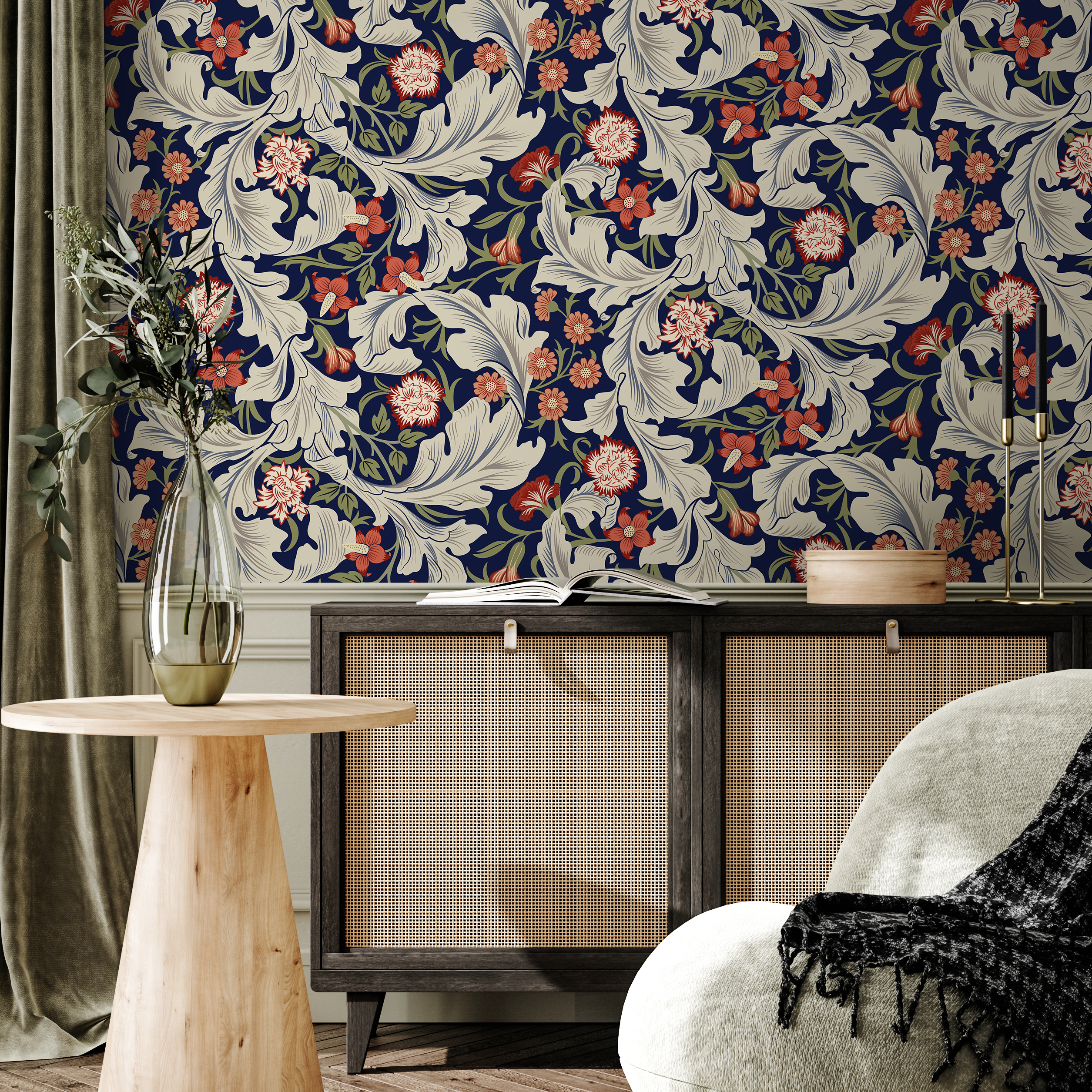 Arts And Crafts Wallpaper Featuring Florals In Blue, Red, And Cream - C995
