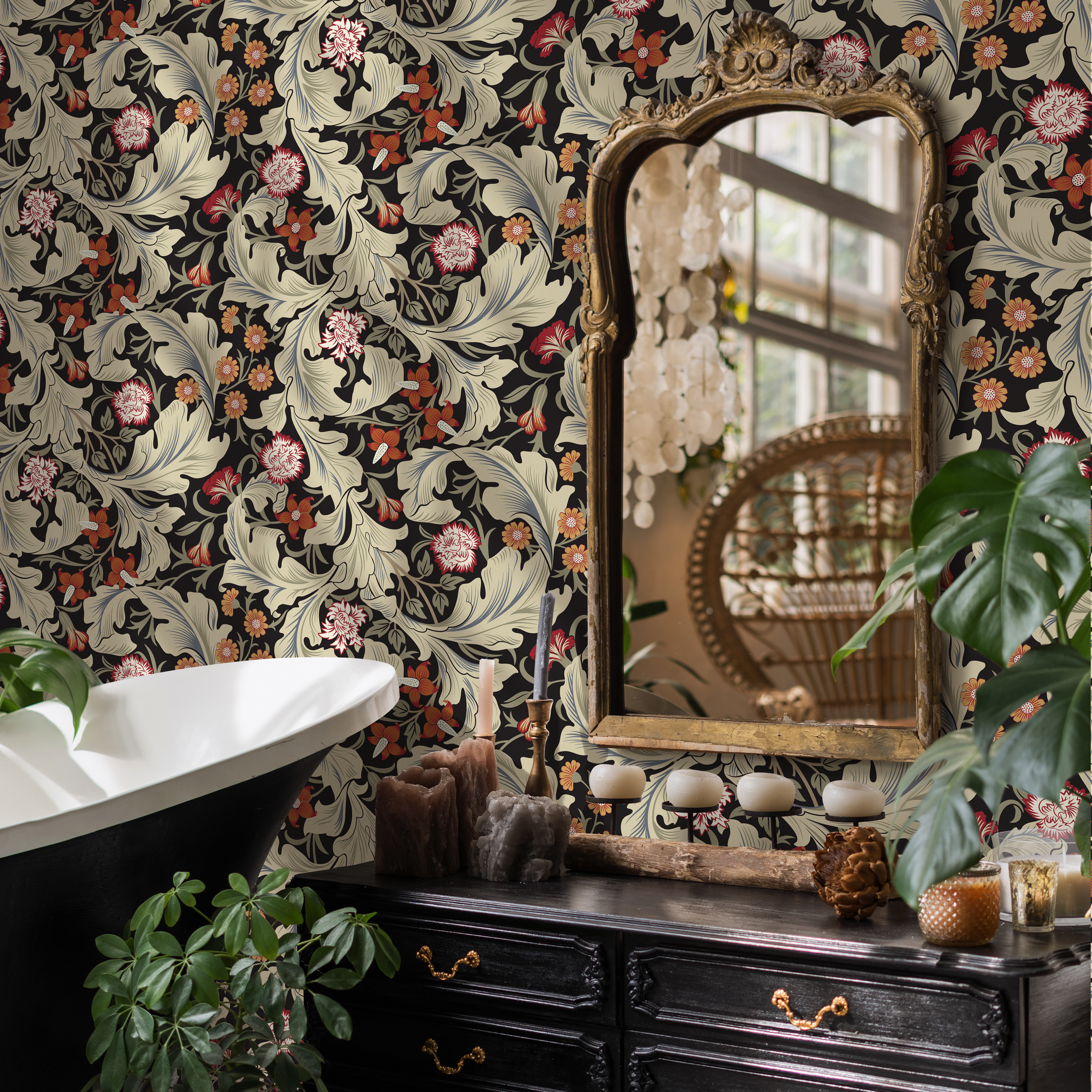 Victorian Wallpaper Featuring Ornate Florals In Black, Red, And Green - C996