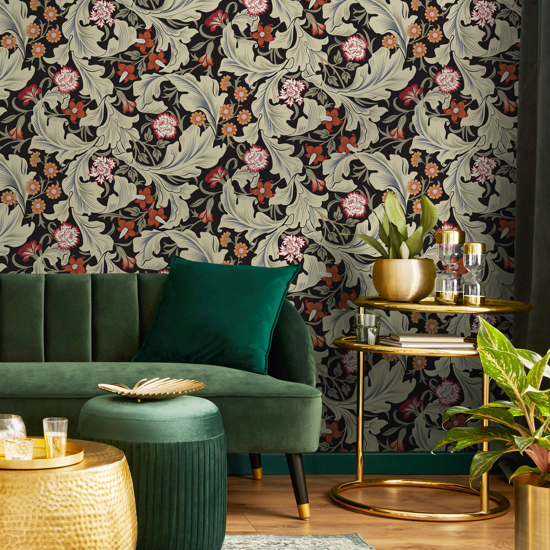 Victorian Wallpaper Featuring Ornate Florals In Black, Red, And Green - C996