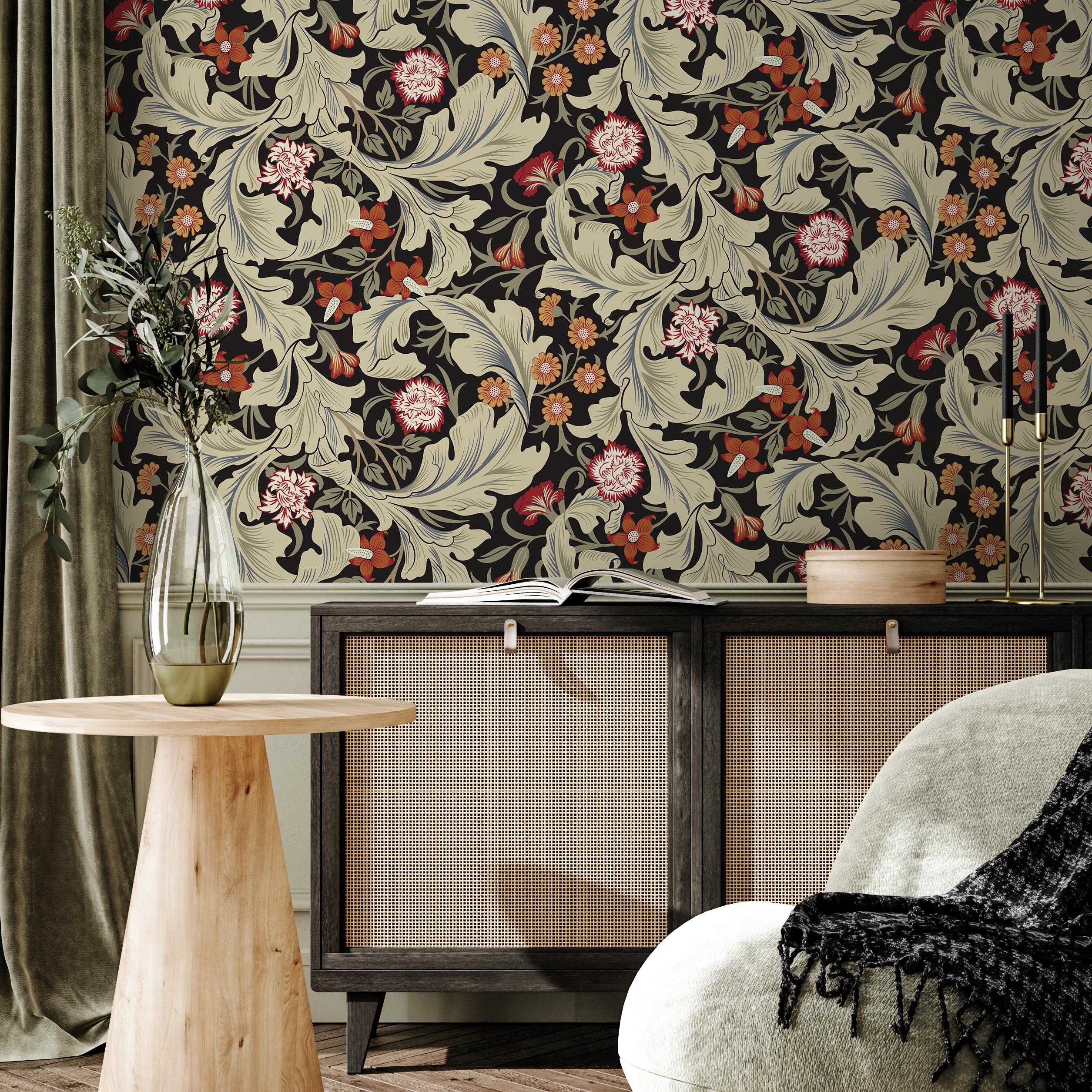 Victorian Wallpaper Featuring Ornate Florals In Black, Red, And Green - C996