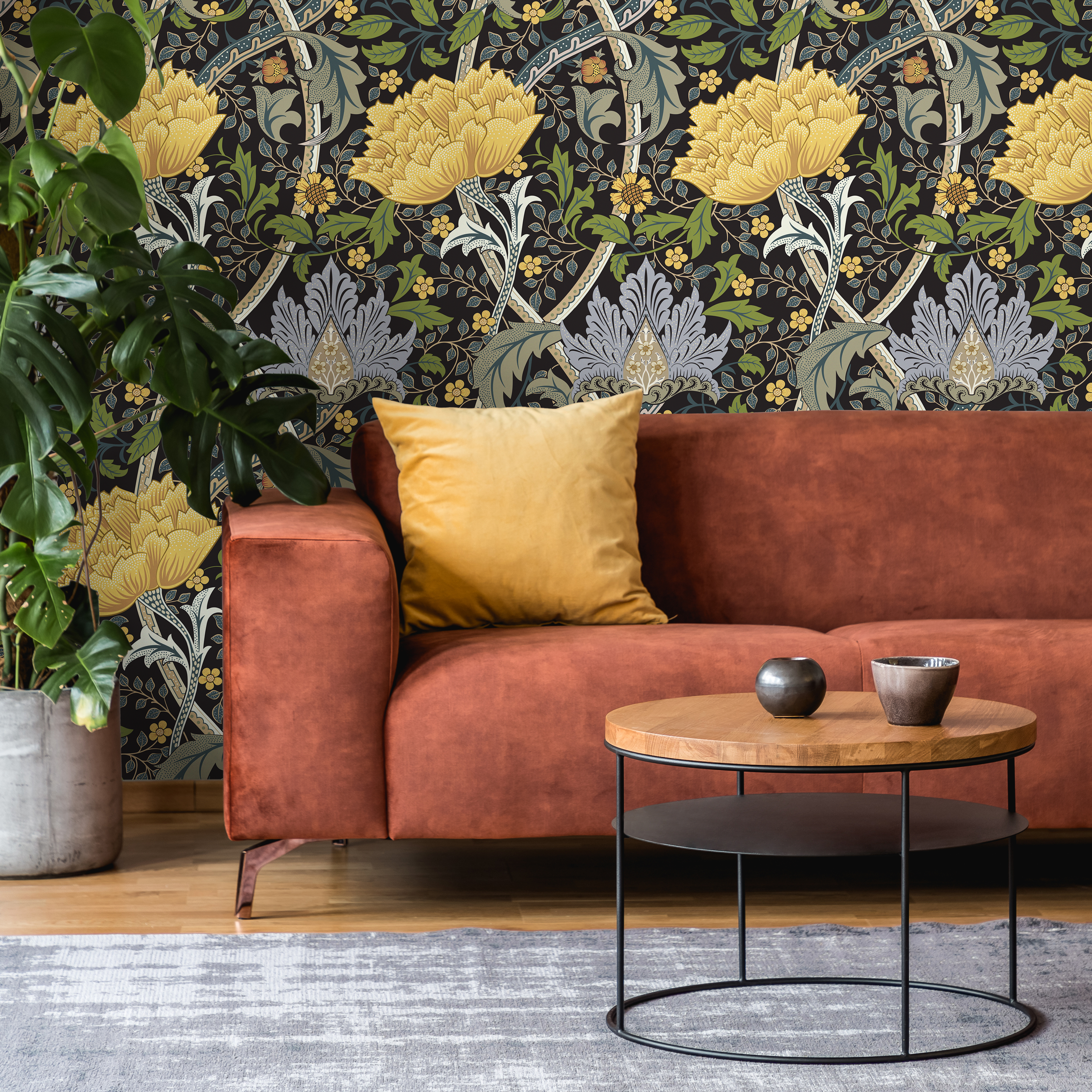 Arts And Crafts Wallpaper With A Floral Trellis In Yellow, Blue, And Green - C997