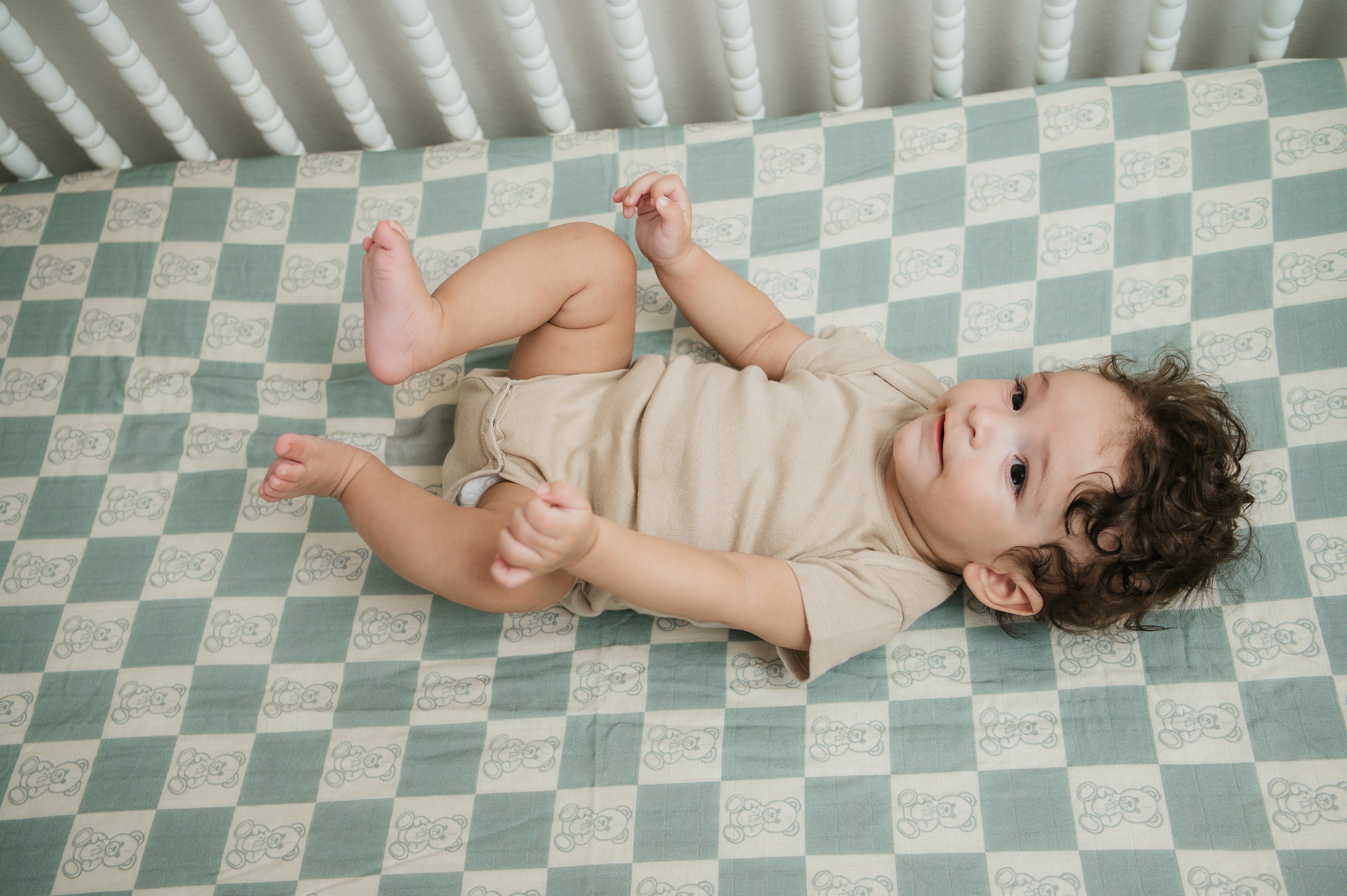 Organic Bamboo Cotton Muslin Crib Sheet In Checkered Bears