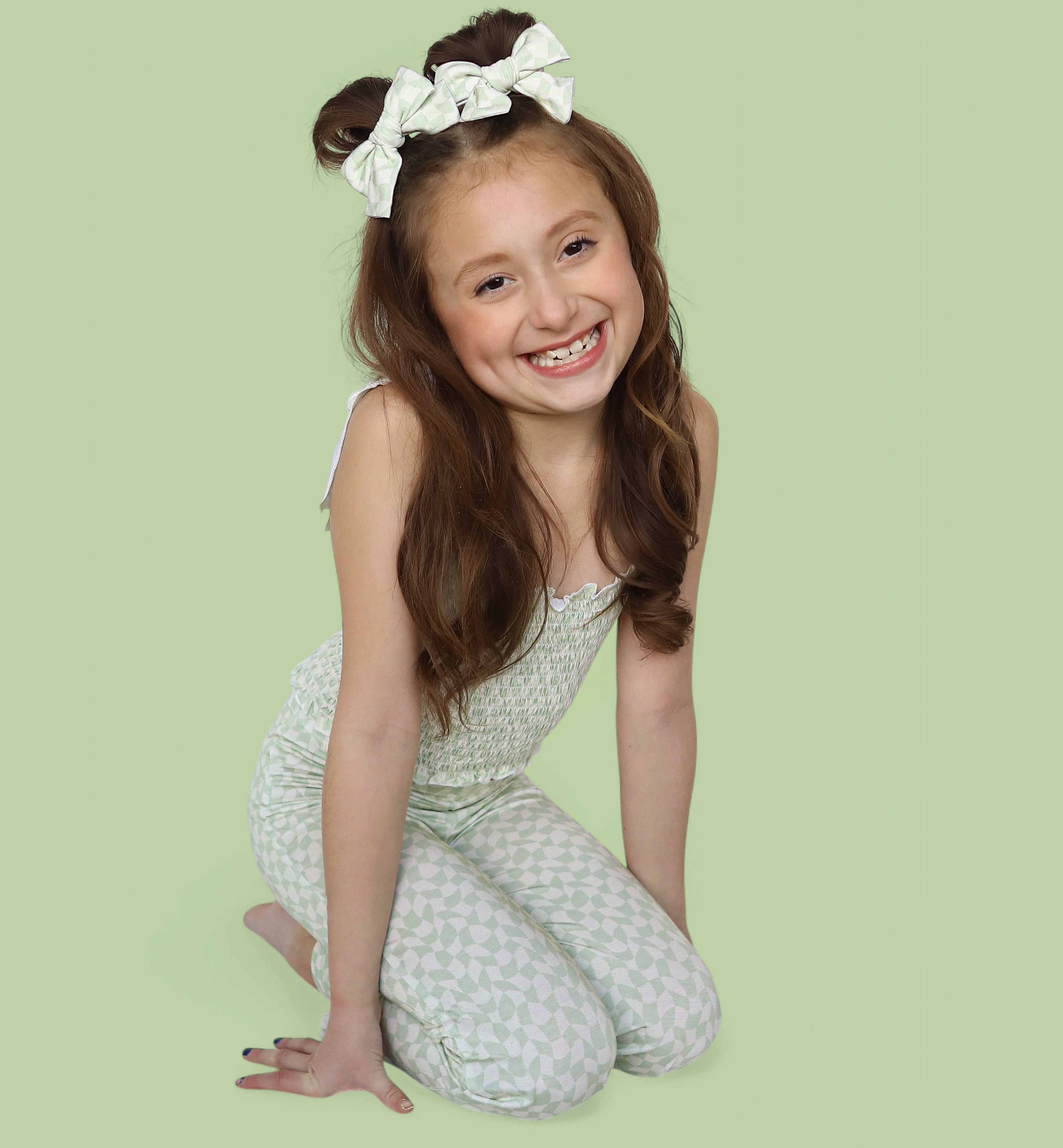 Sage Wavy Checkers Dream Smocked Flare Set