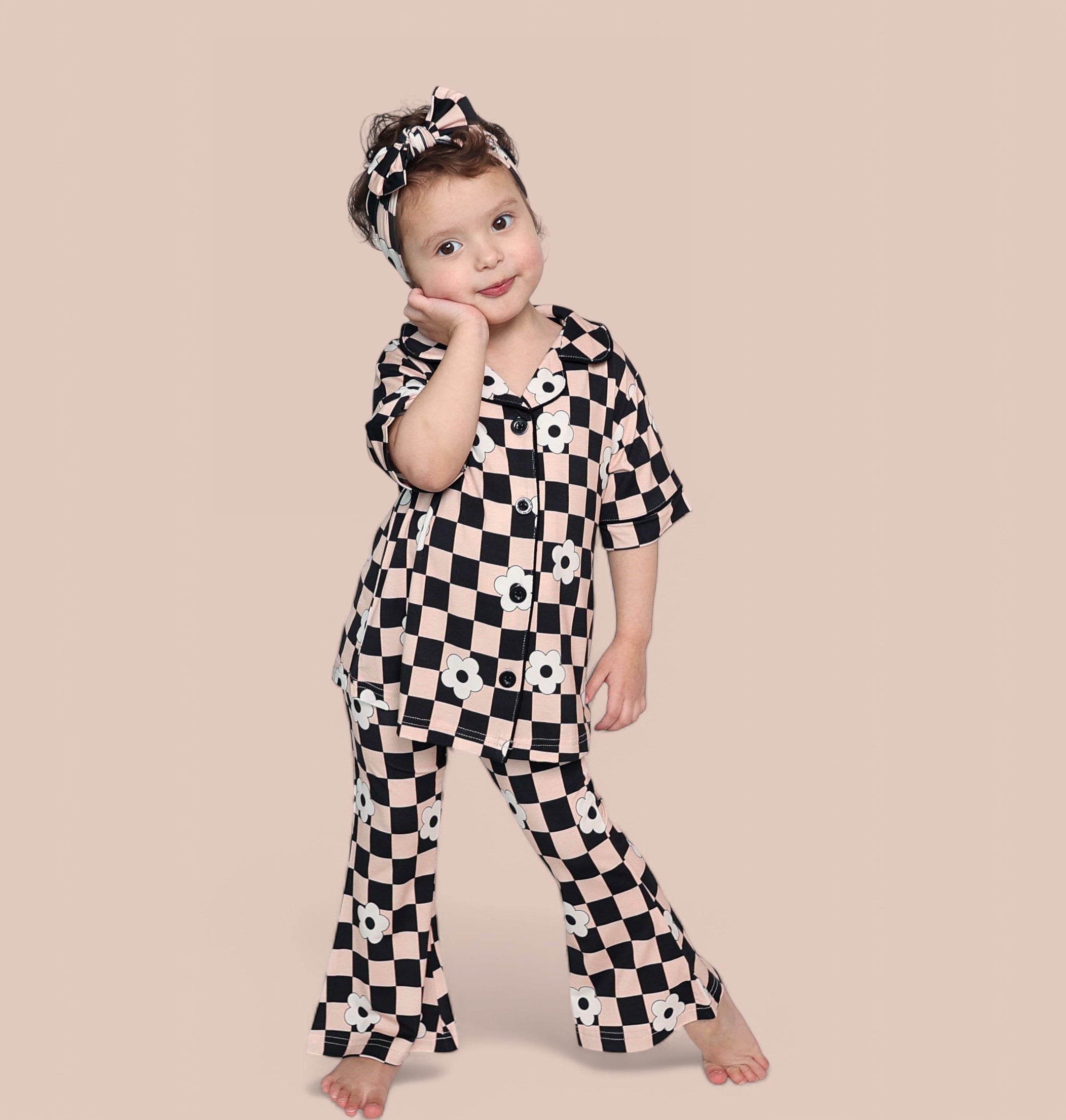 Retro Daisy Checks Short Sleeve Dream Girl's Flare Set