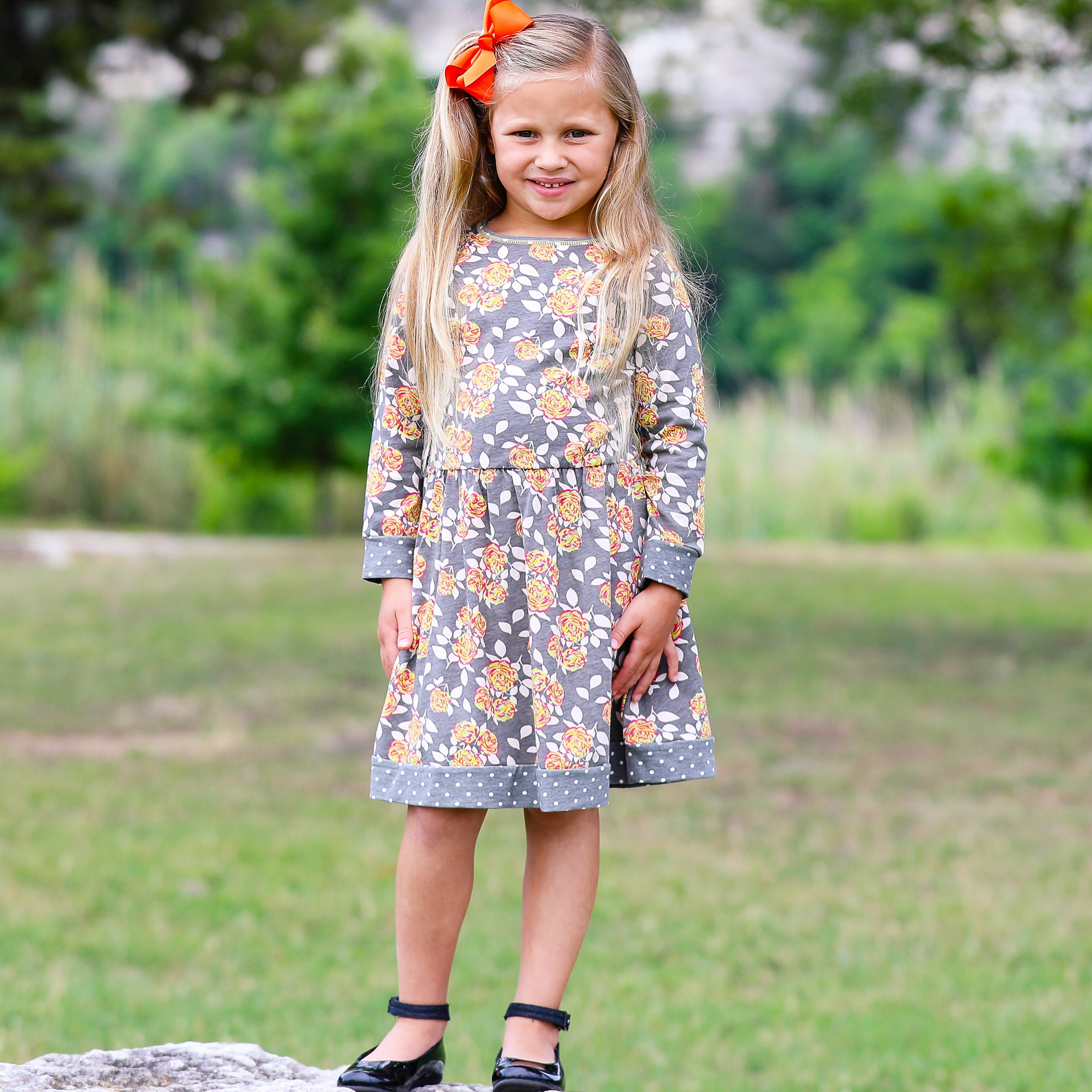 Annloren Girls Boutique Grey Peach Shabby Fall Floral Long Sleeve Cotton Dress
