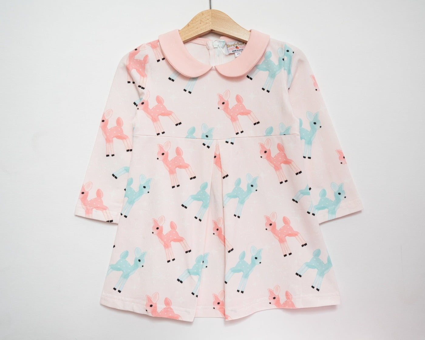 Retro Pink And Teal Deer Winter Peter Pan Collar Dress