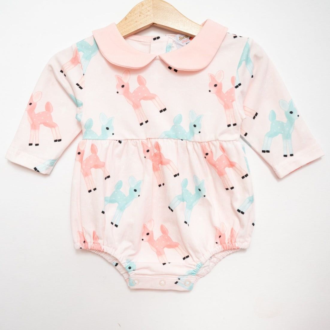 Retro Pink And Teal Deer Winter Peter Pan Collar Romper