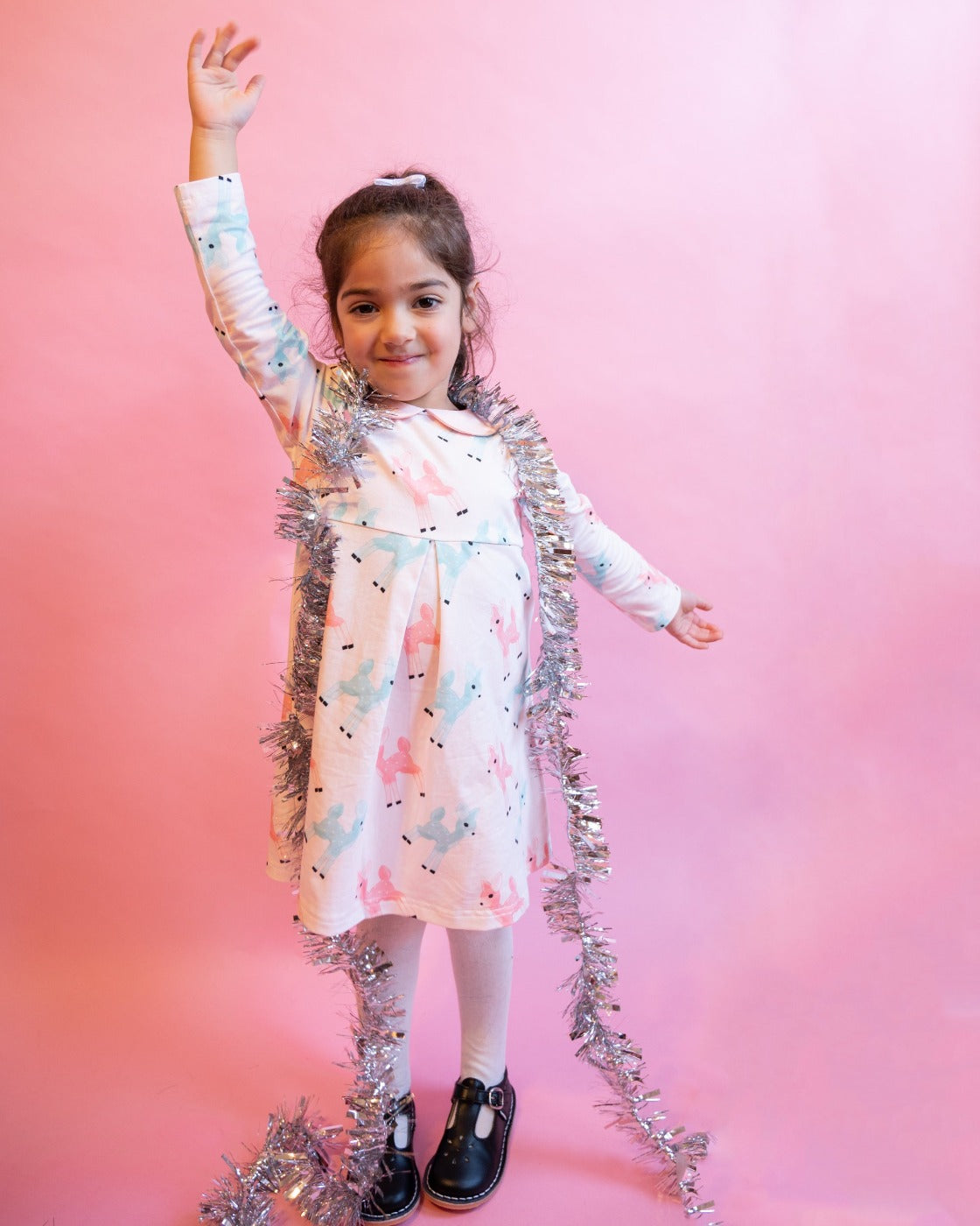 Retro Pink And Teal Deer Winter Peter Pan Collar Dress