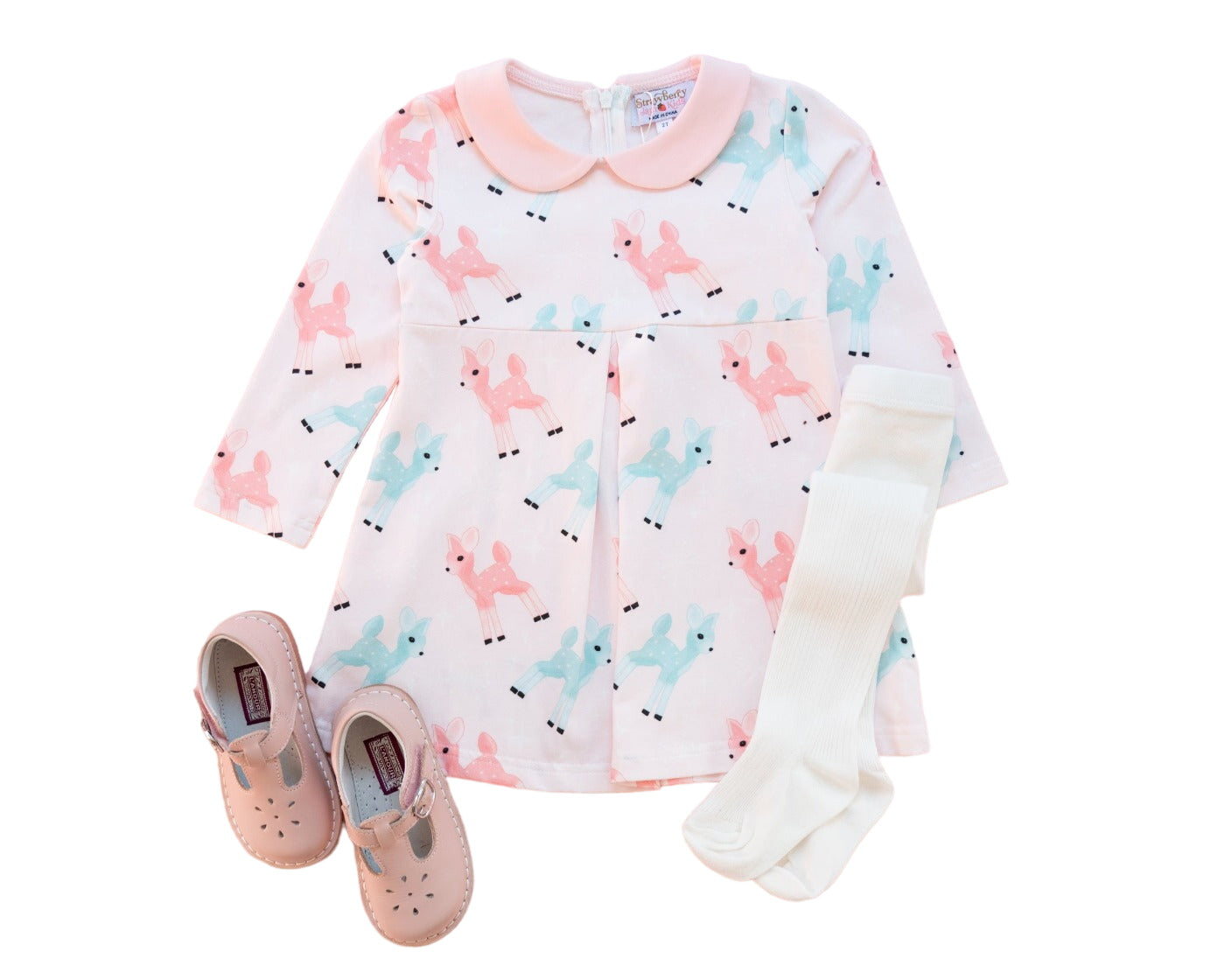 Retro Pink And Teal Deer Winter Peter Pan Collar Dress