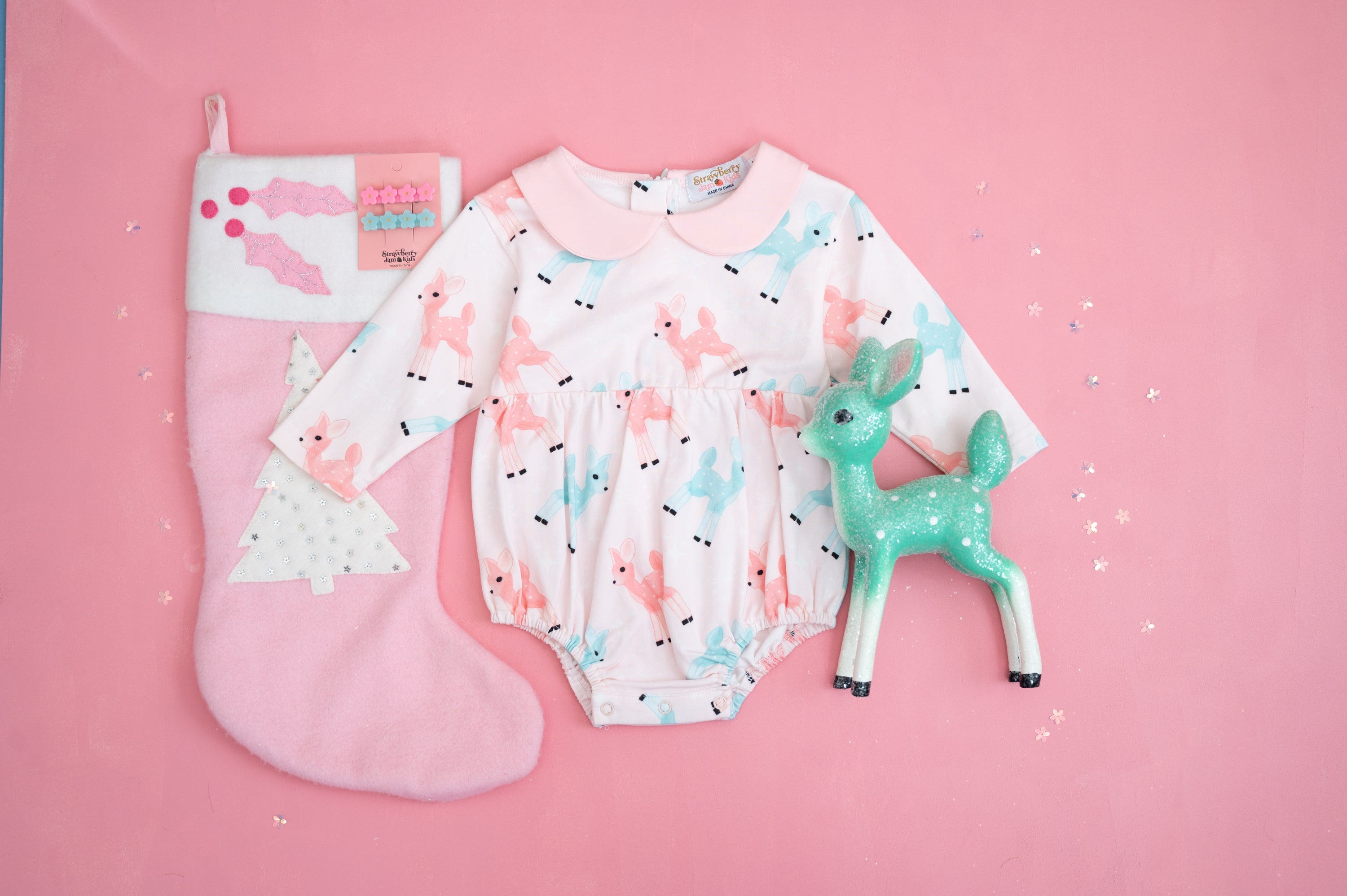 Retro Pink And Teal Deer Winter Peter Pan Collar Romper