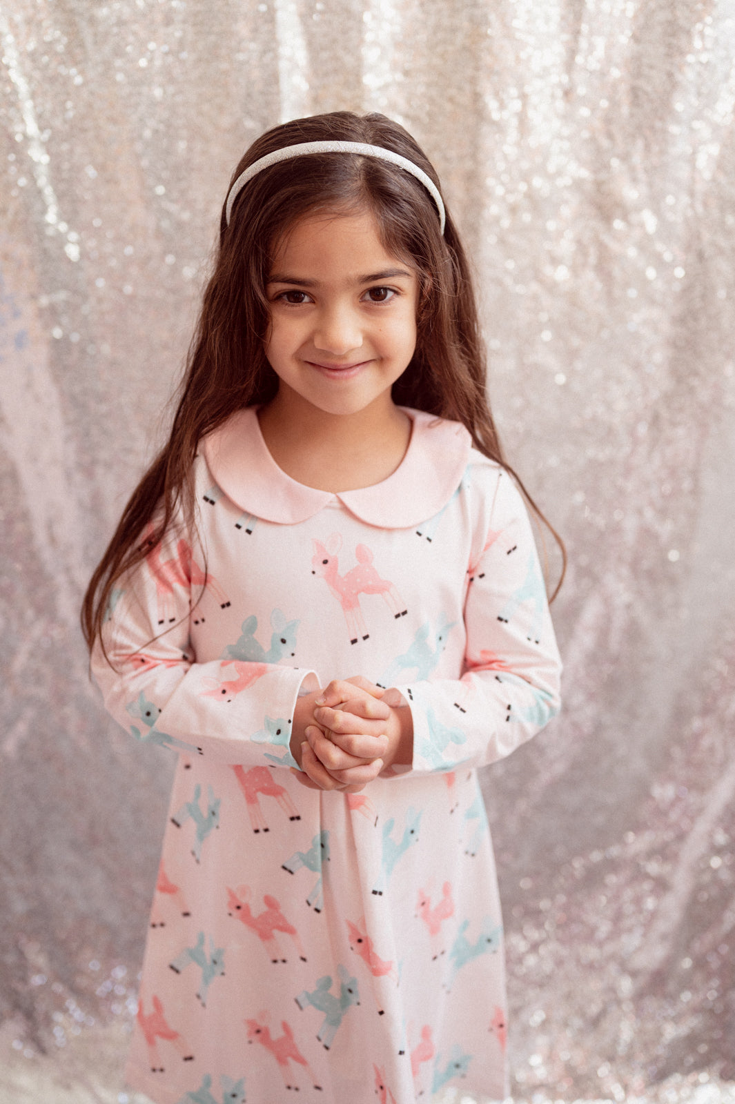 Retro Pink And Teal Deer Winter Peter Pan Collar Dress