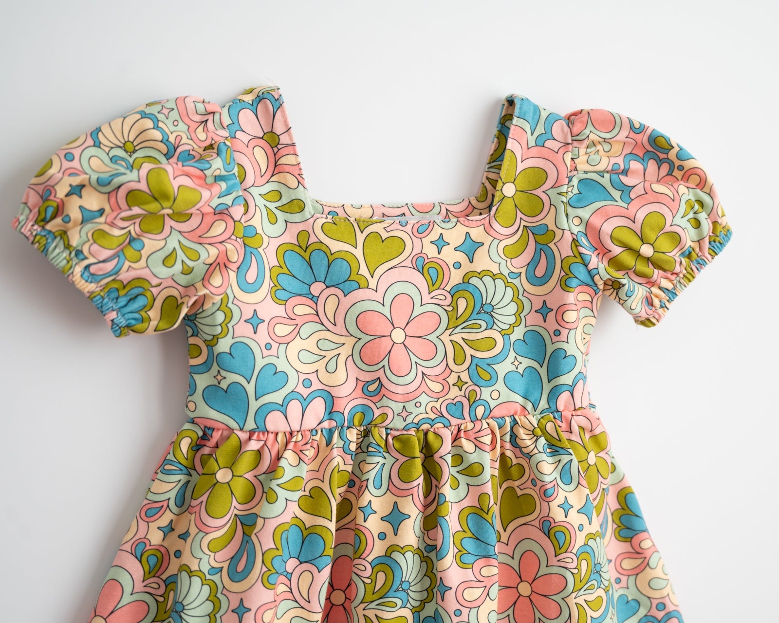 Girls' Puff Sleeve Dress In Blue 60s Psychedelic Floral